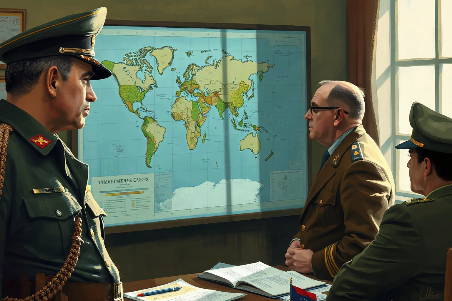 Painterly illustration of a WWII American general studying a large wall map surrounded by staff officers