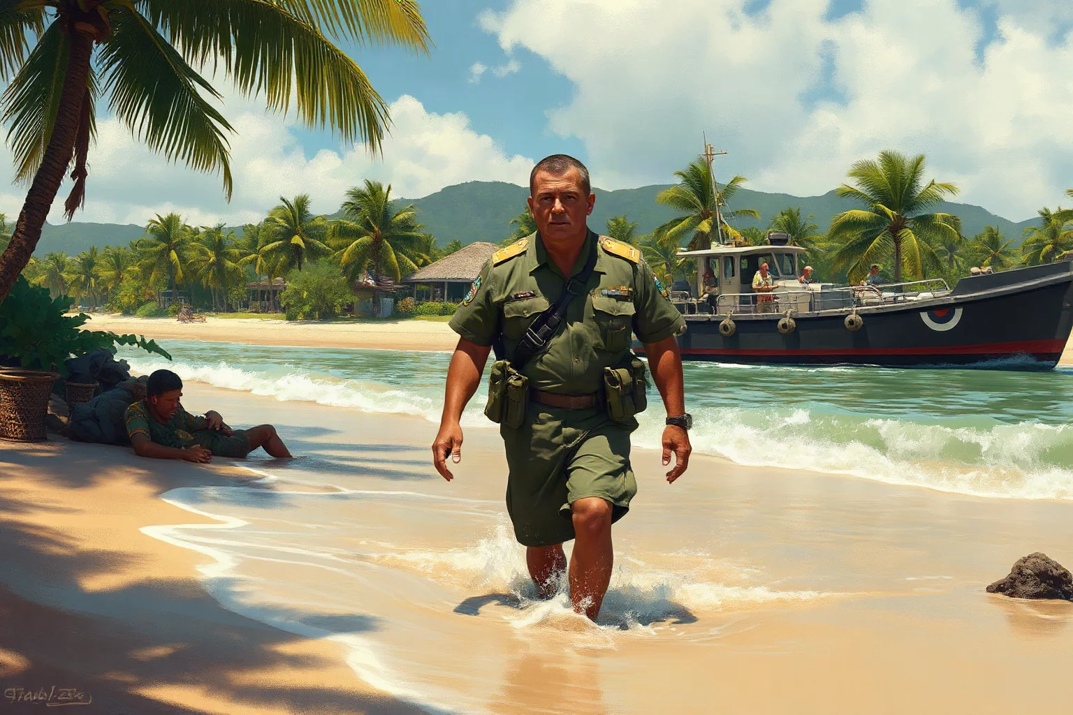 Painterly illustration of a WWII Pacific theater general wading ashore from a landing craft onto a tropical beach