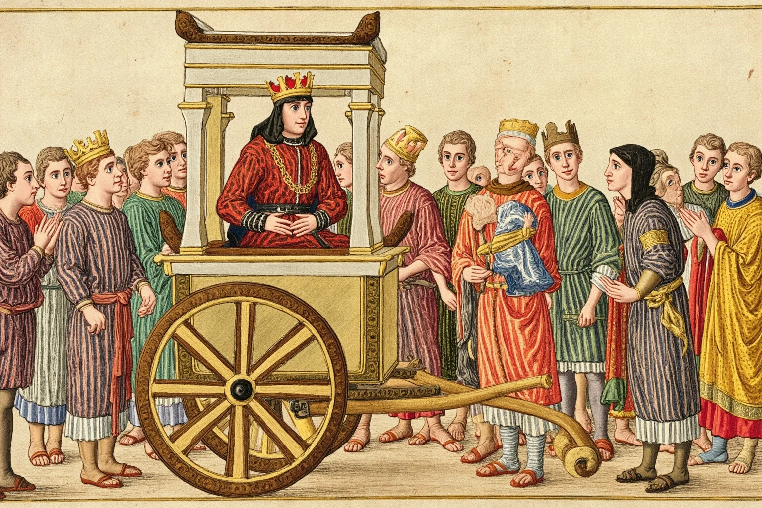 10 of History's Most 'Impactful' Leaders Who Actually Did Almost Nothing 3 Painterly illustration of a young medieval Frankish king seated on an ornate cart being ceremonially paraded past bowing nobles, in a stylized medieval manuscript art style