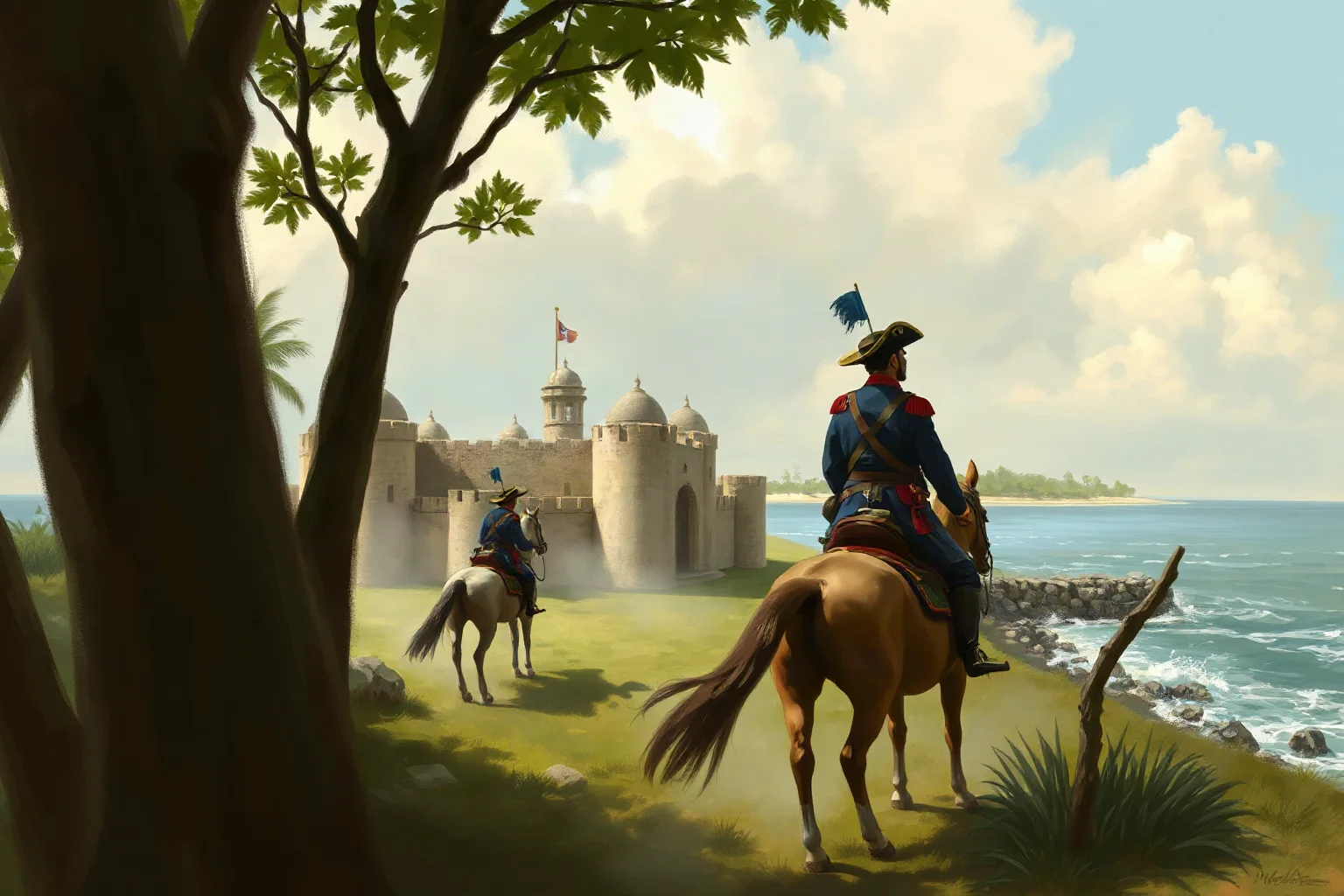 Painterly illustration of an 18th-century Spanish colonial military officer on horseback near a Gulf Coast fort, historical art style