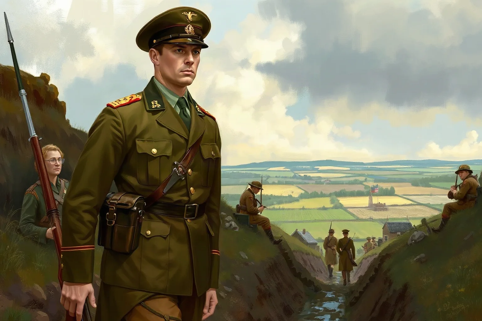 Painterly illustration of an early 20th-century American general in WWI uniform standing before French countryside trenches