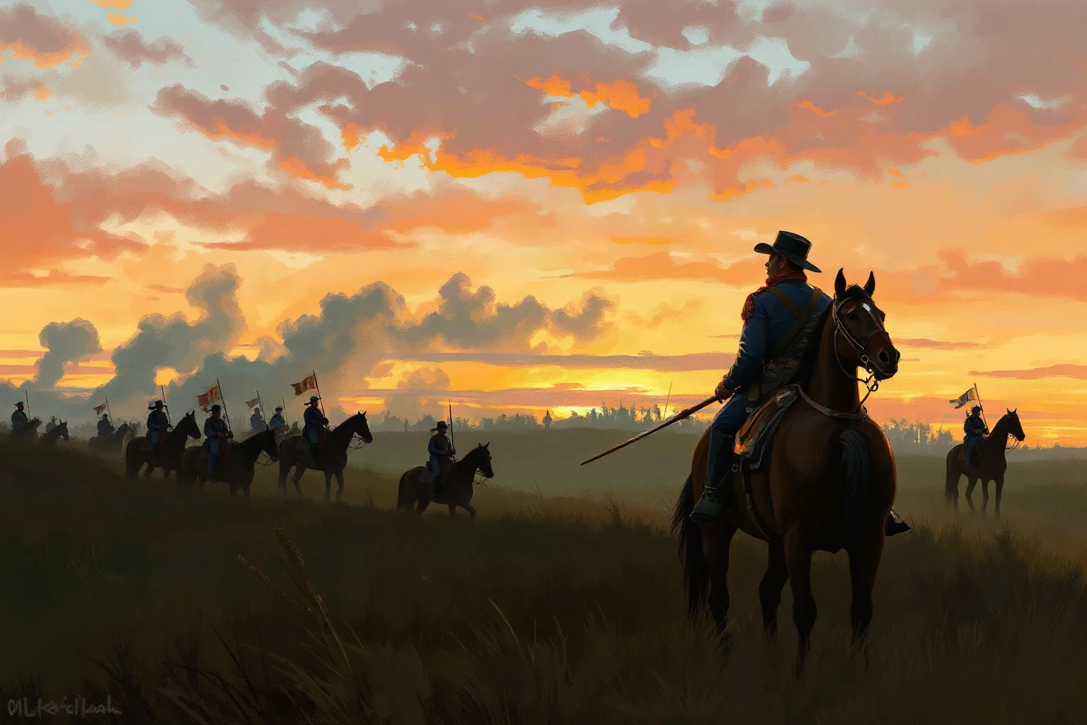 Painterly illustration of an overly cautious Union general hesitating on horseback at the edge of a battlefield at dusk