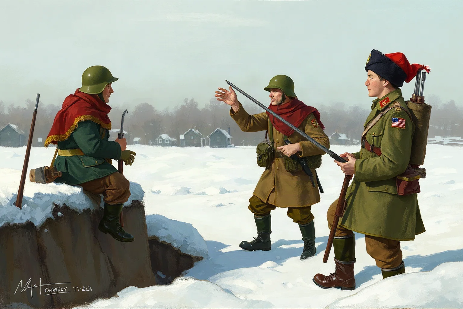 Painterly illustration of soldiers from opposing trenches meeting briefly in a snowy no man's land, exchanging small gestures of peace