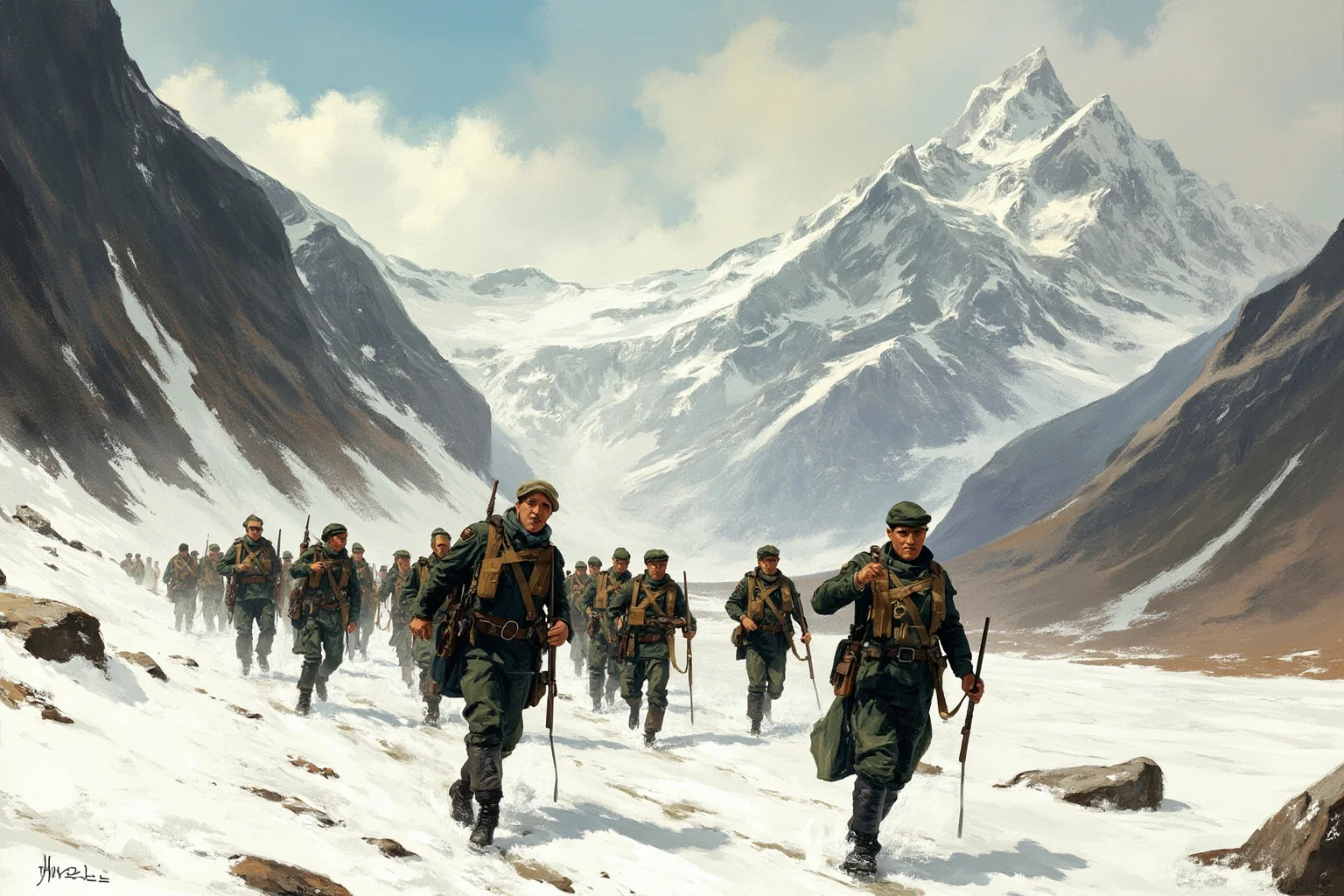 It's In The Name: Why Alexander The Great Is Considered History's Greatest General 14 Painterly illustration of soldiers marching through snowy mountain passes, rugged peaks in the background