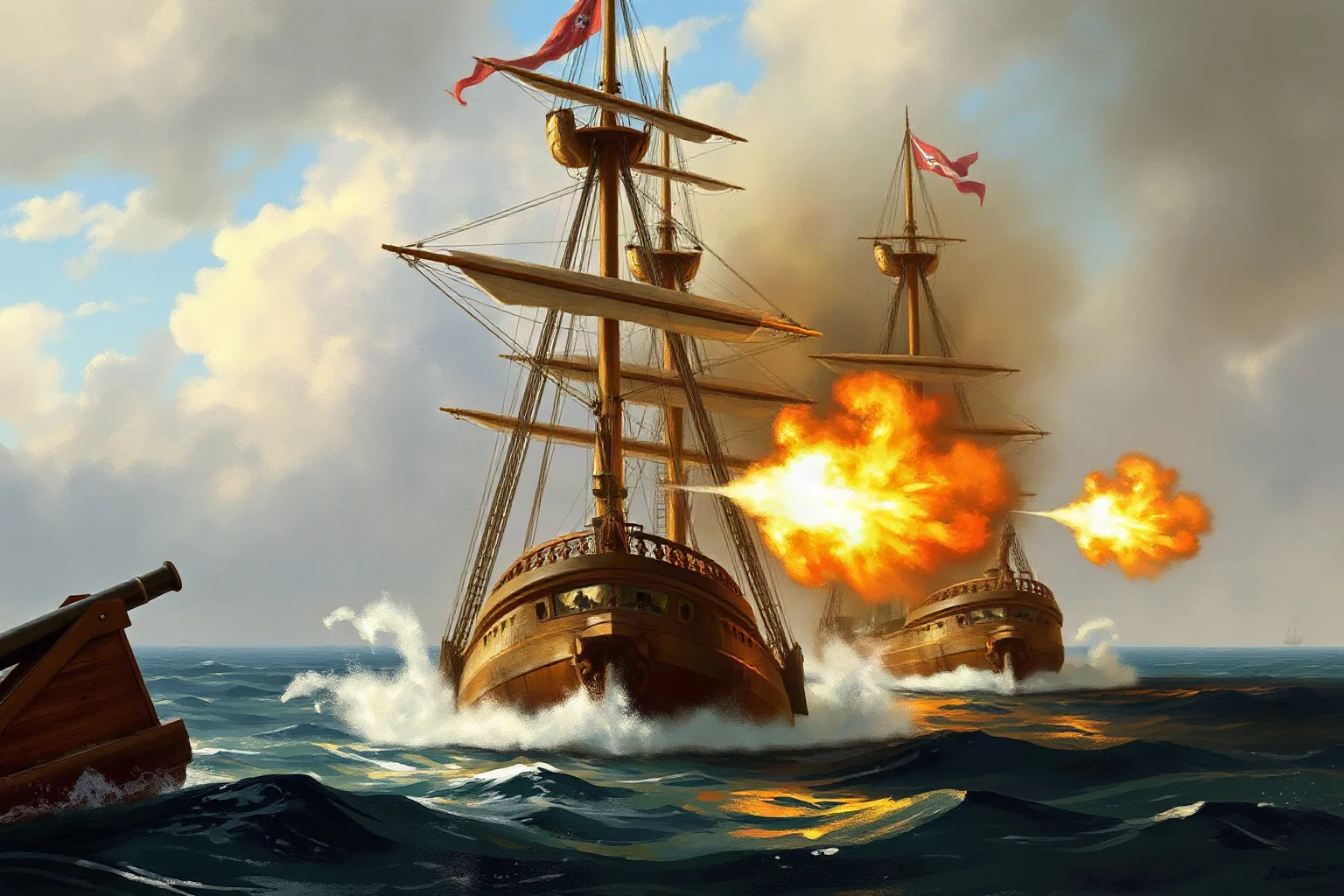Painterly maritime battle scene with two 18th-century warships exchanging cannon fire at sea