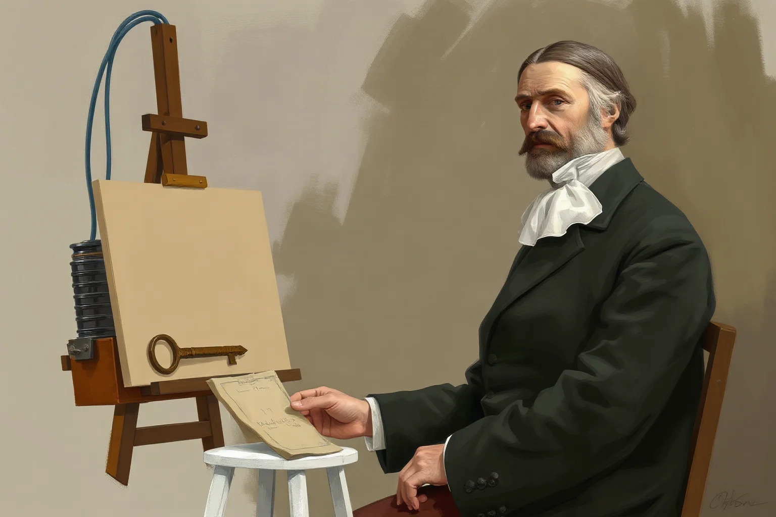 Painterly portrait-style illustration of a 19th-century inventor at an easel beside a telegraph device with wires and a coding key