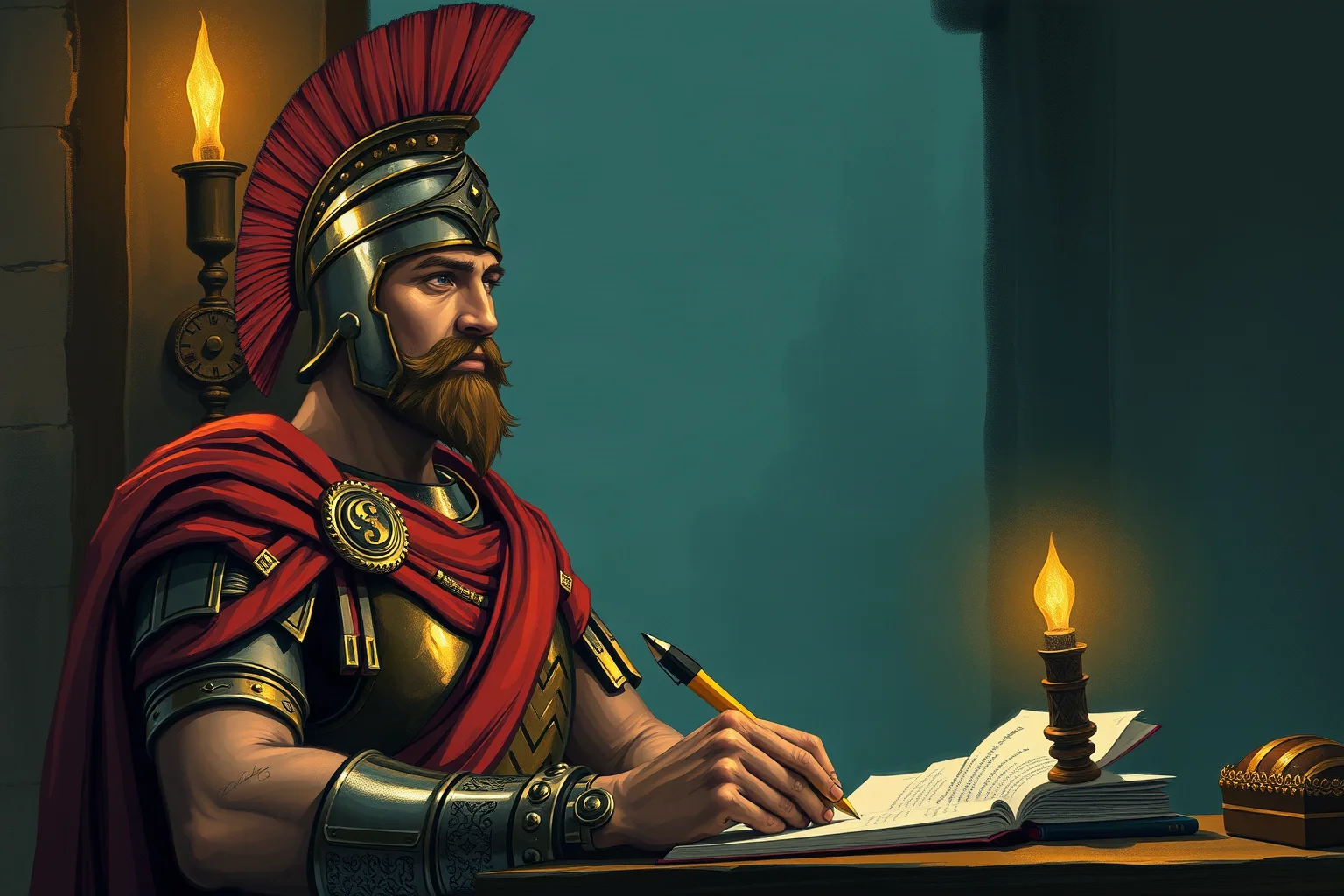 Painterly portrait-style illustration of a Roman emperor figure in armor writing quietly by lamplight, non-photorealistic