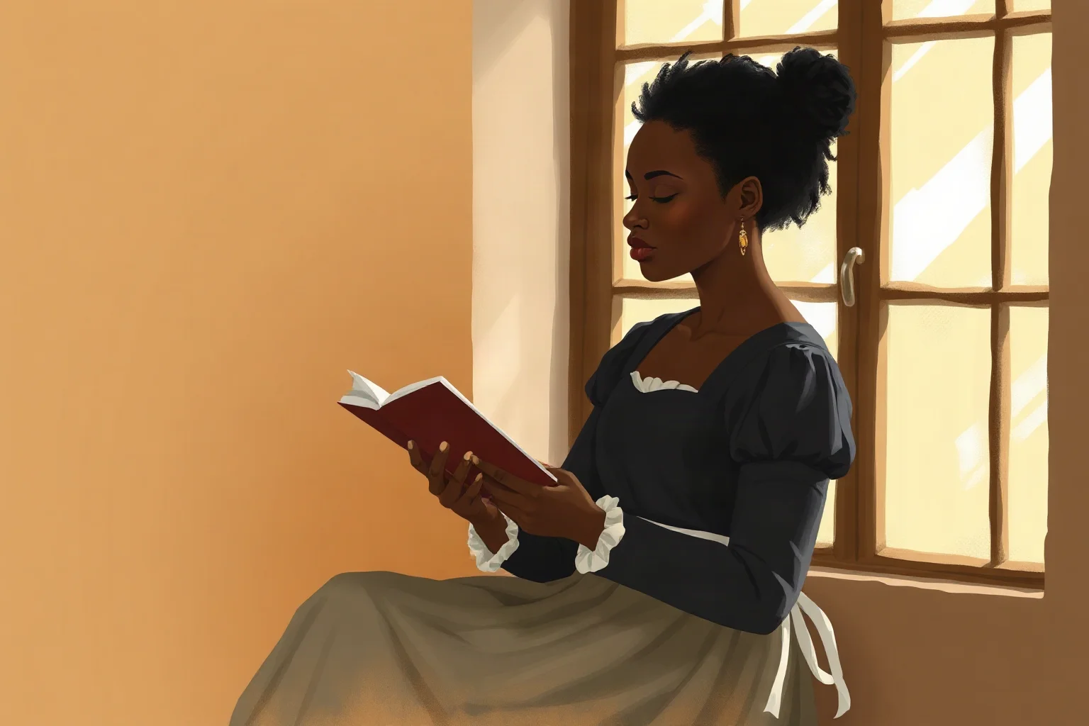 Painterly portrait-style illustration of a young Black colonial woman writing poetry by a window