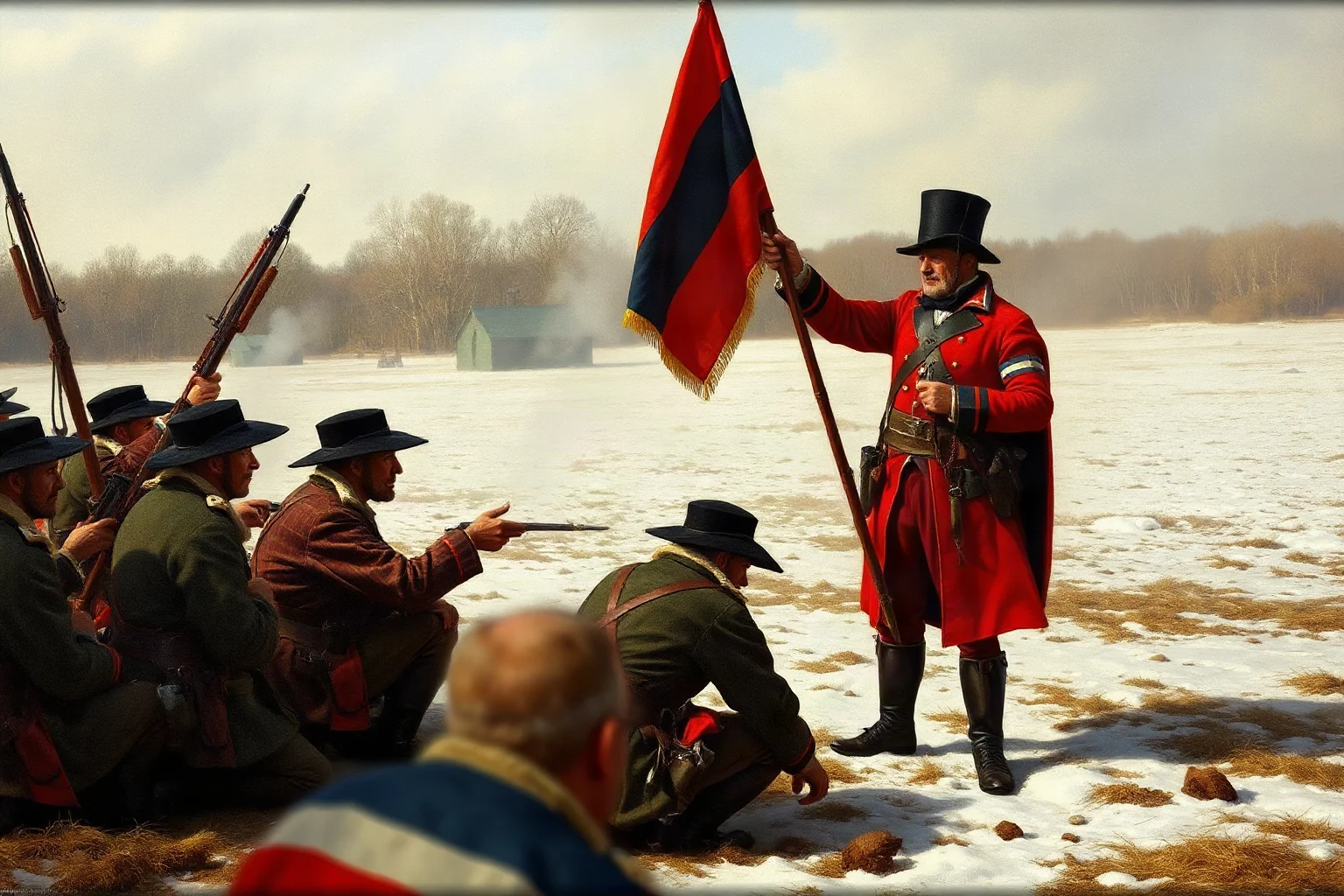 Painterly scene of a European drill instructor training ragged colonial soldiers in a snowy field