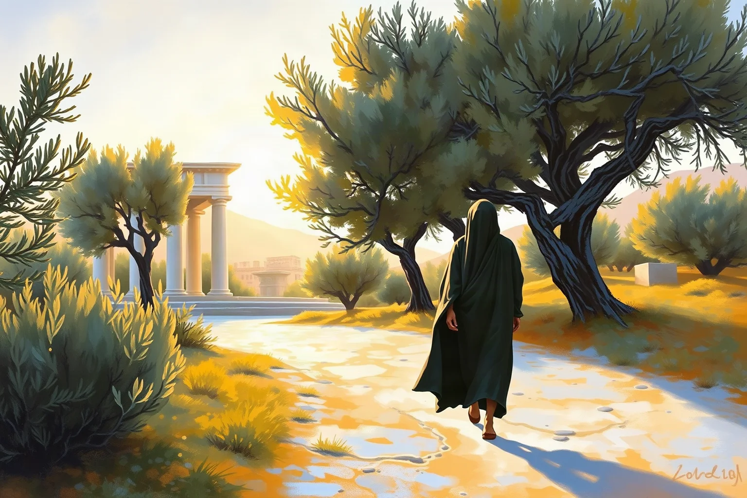 Painterly scene of a robed teacher and student walking among olive trees near marble ruins, golden hour lighting