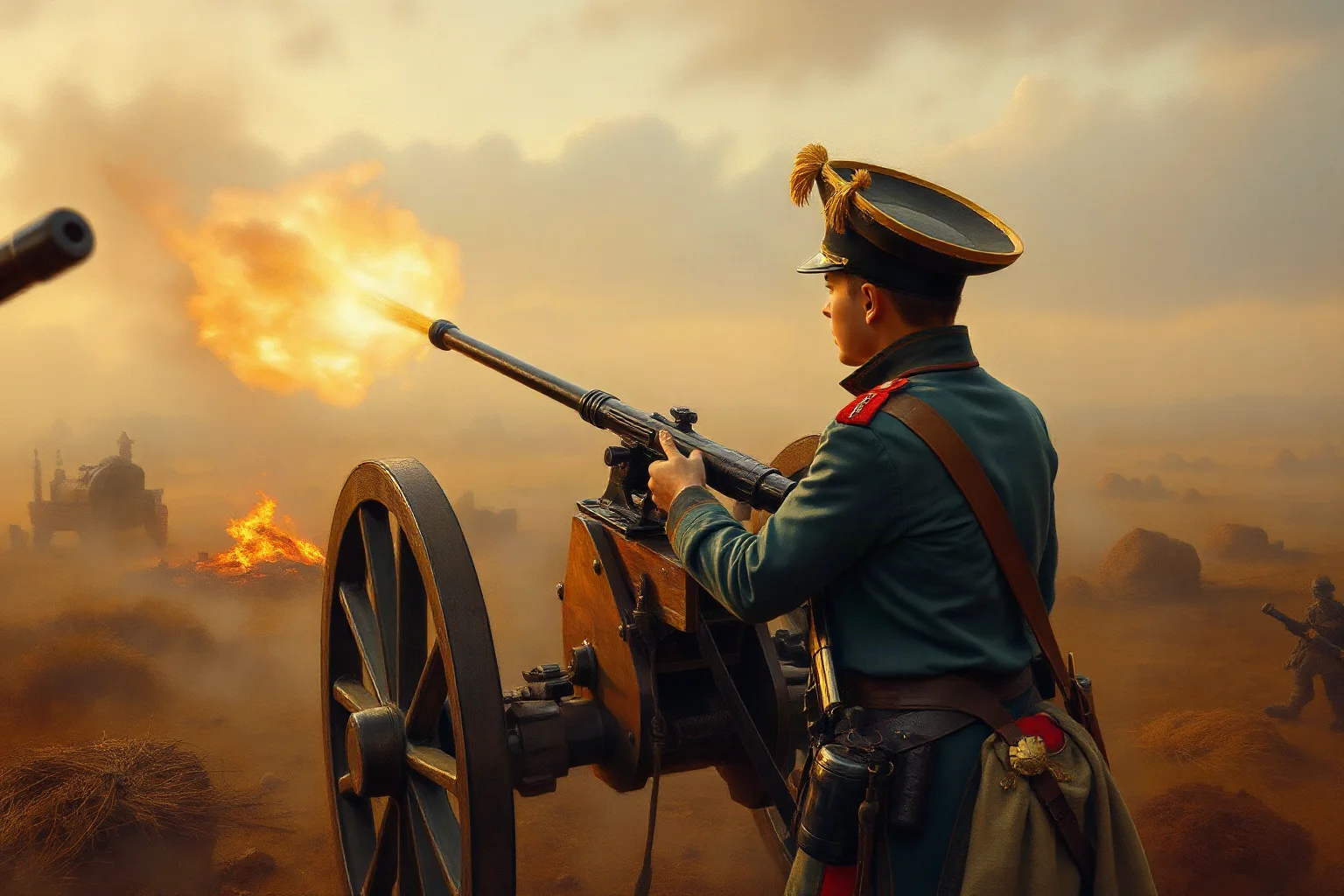 Painterly scene of a young artillery officer directing cannon fire on a smoky battlefield