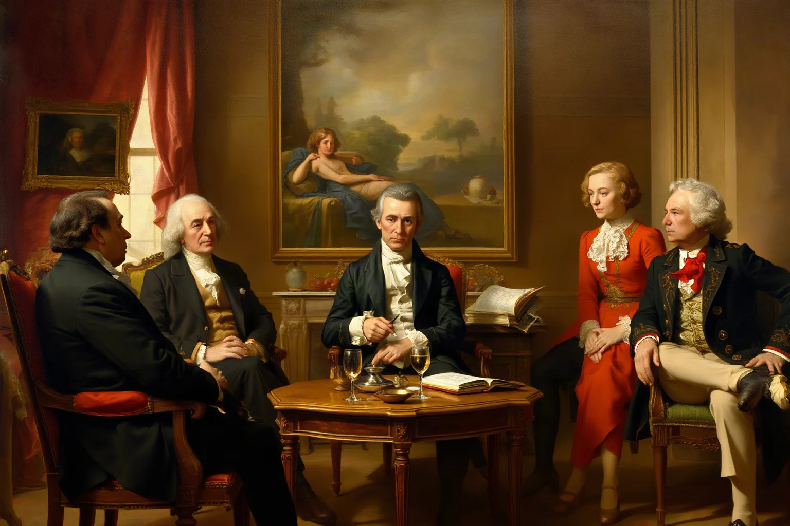 Painterly scene of an 18th-century diplomat in a Parisian salon, engaging with elegantly dressed officials
