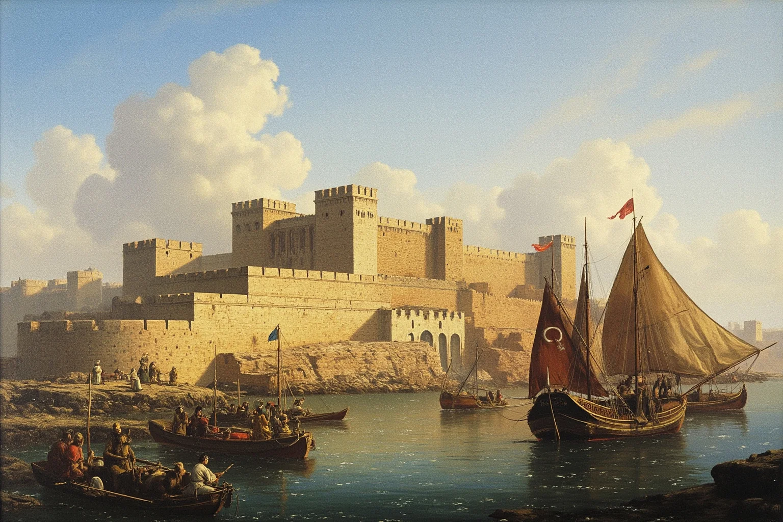 25 Most Memorable Dates in History (And Why They Still Matter) 6 Painterly scene of Ottoman-era ships and soldiers before the walled towers of an ancient fortified city