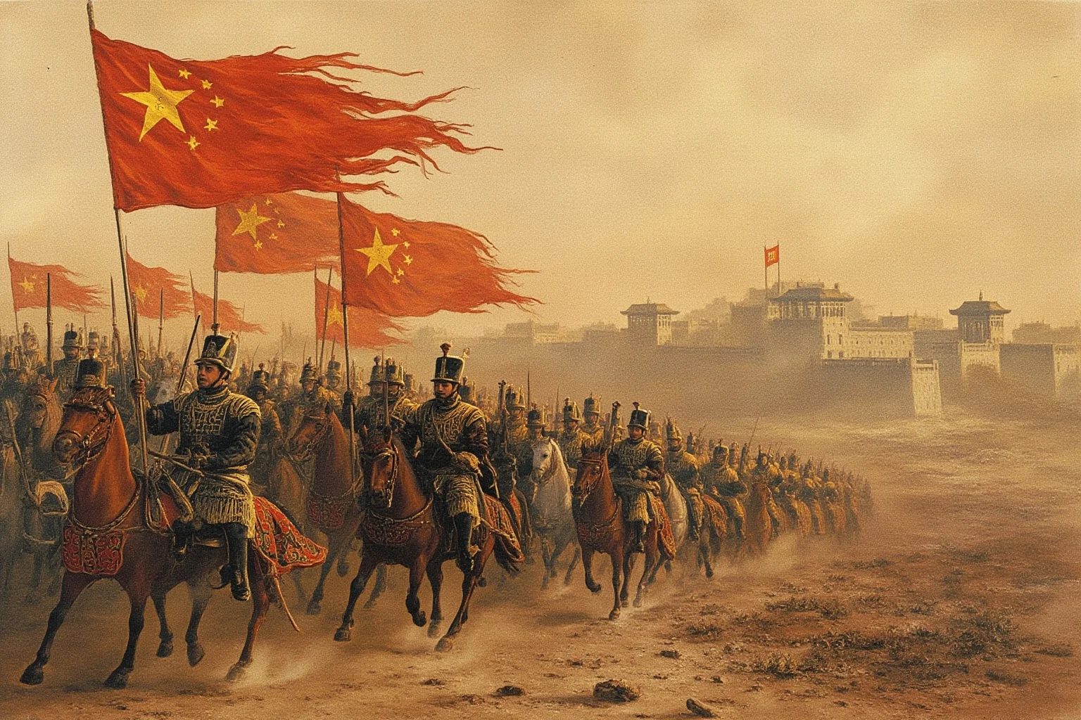 Painterly scene of Sui-era Chinese soldiers and cavalry marching under rebel banners toward a walled city