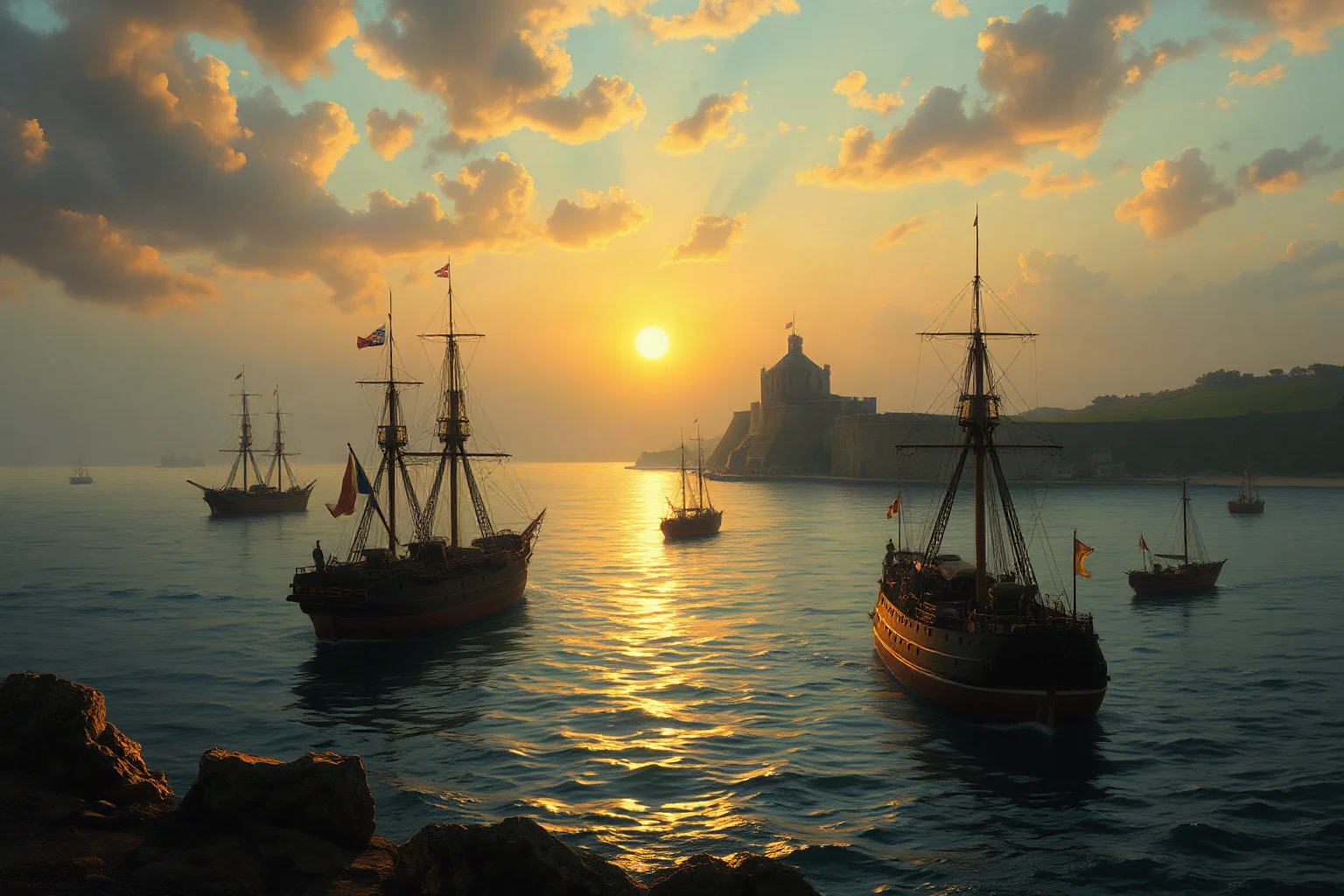 Painting-style depiction of British warships anchored in a harbor facing a coastal fortress at dawn, 1890s naval fleet