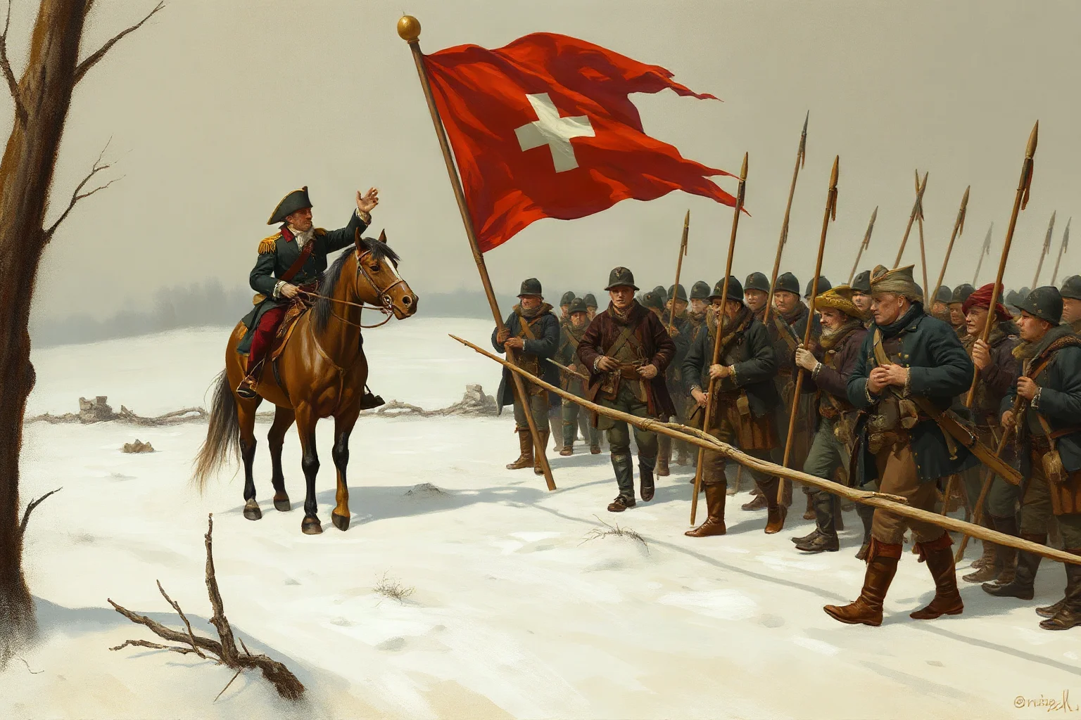 Painting-style illustration of a colonial general on horseback rallying ragged troops beside a tattered flag at a winter encampment