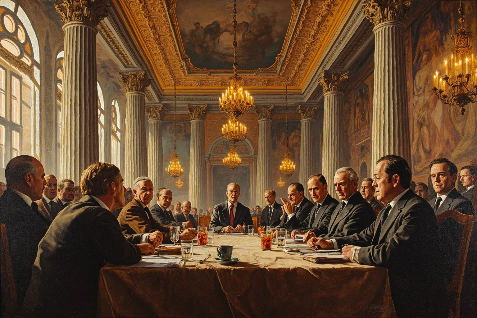 Painting-style illustration of a grand European congress hall with diplomats from many nations seated around a long table, chandeliers