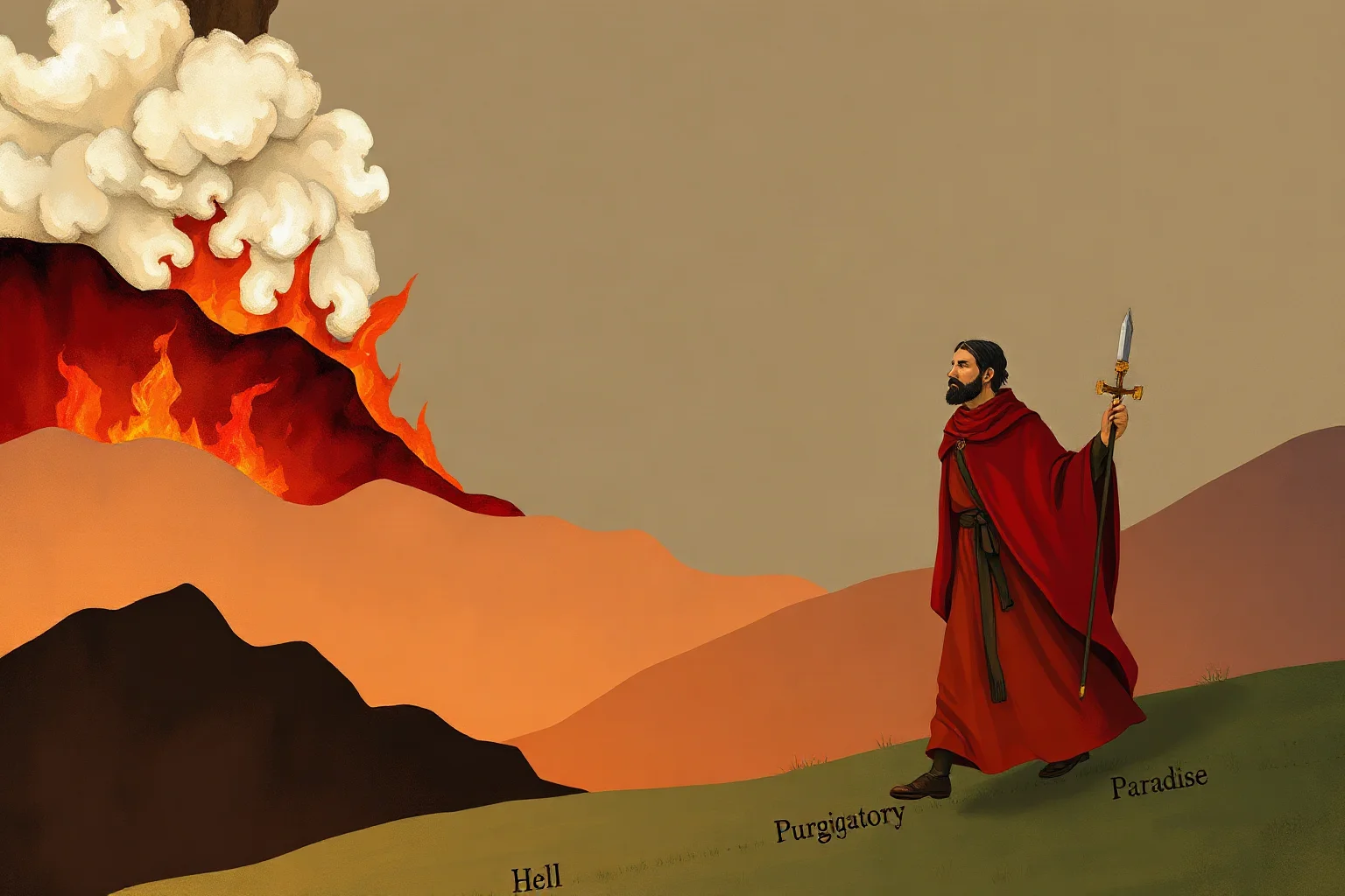Painting-style illustration of a medieval Italian poet in a red robe walking through symbolic layers of Hell, Purgatory, and Paradise
