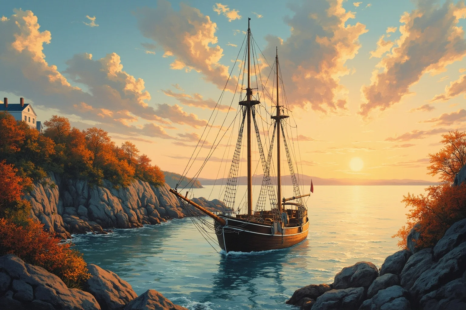 Painting-style illustration of a small wooden ship anchored near a rocky New England shoreline at dawn, autumn colors, no people visible up close