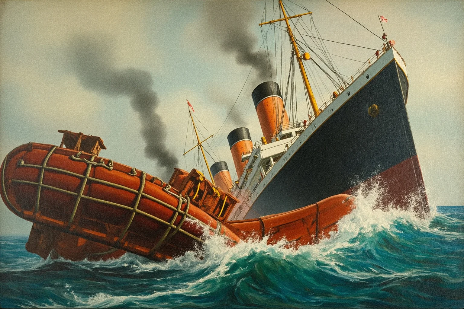 Lost At Sea: 20 Most Famous Shipwrecks in History 3 Painting-style illustration of a torpedoed early-1900s ocean liner listing sharply as lifeboats launch off its side