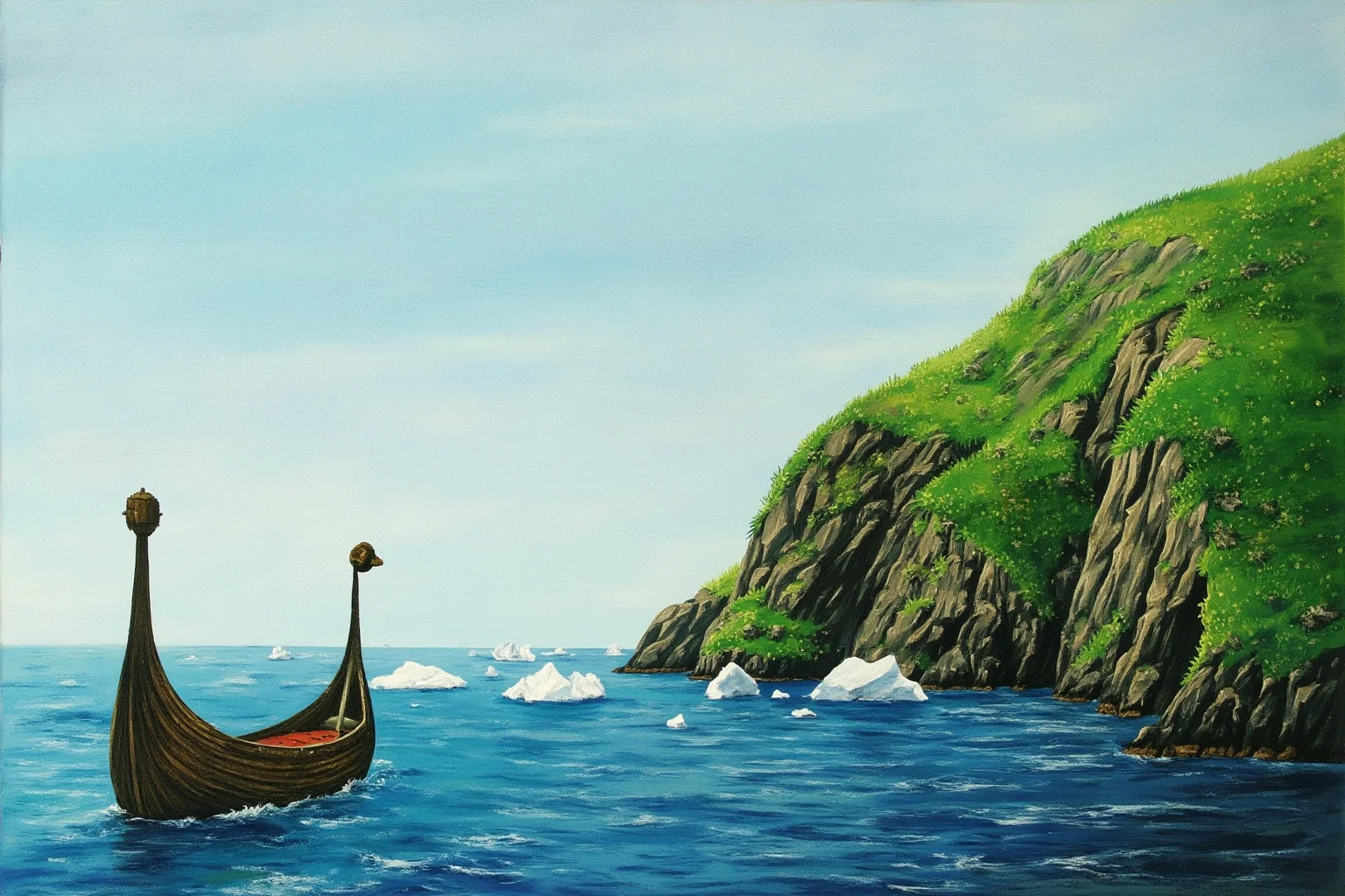 Painting-style illustration of a Viking longship near a rocky green coastline with icebergs in the distance
