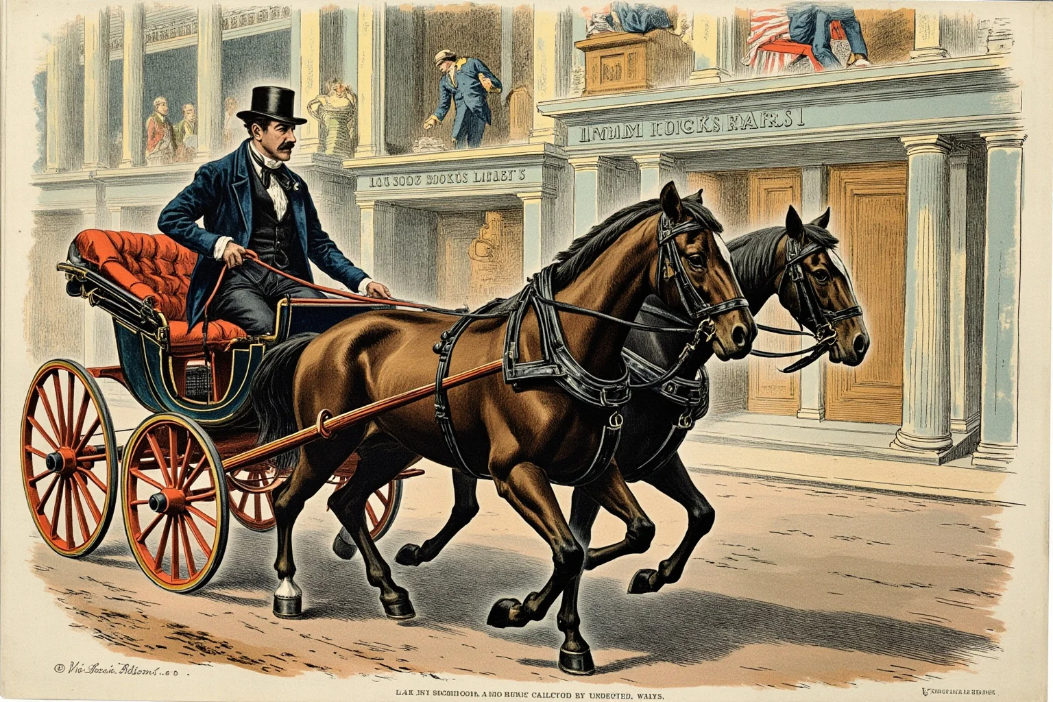 Painting-style illustration of a well-dressed 19th-century politician in a horse-drawn carriage passing shuttered banks, symbolizing economic depression.