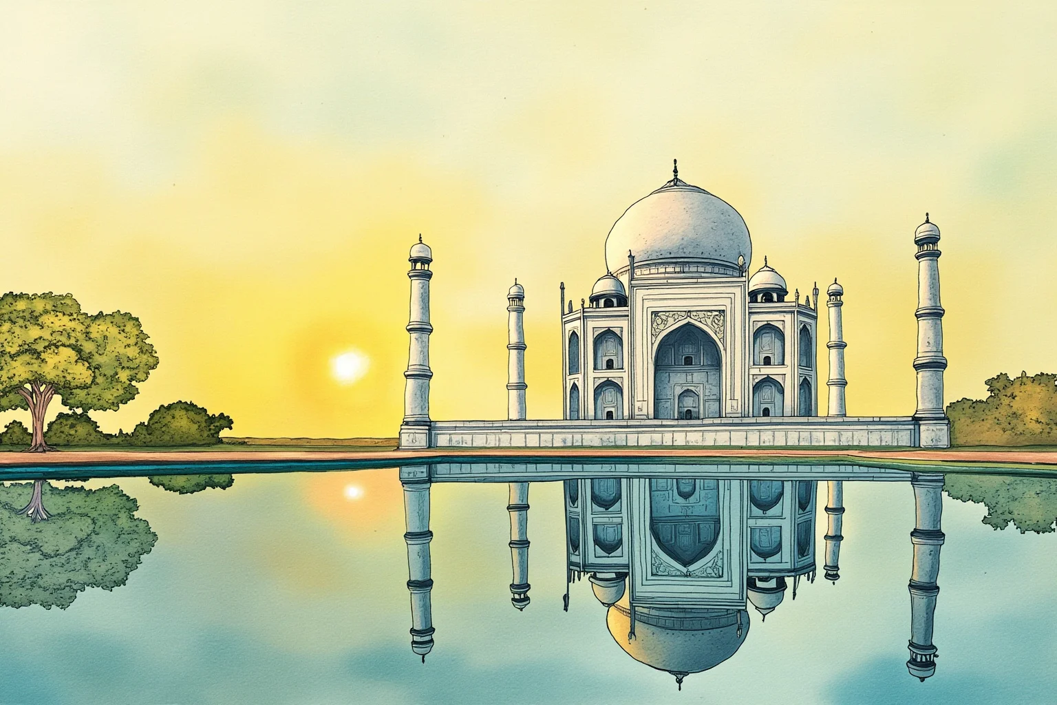 Star-Crossed Lovers: The 22 Greatest Historical Romances Ever 5 Painting-style illustration of a white marble mausoleum reflected in water at sunrise, Mughal architectural style