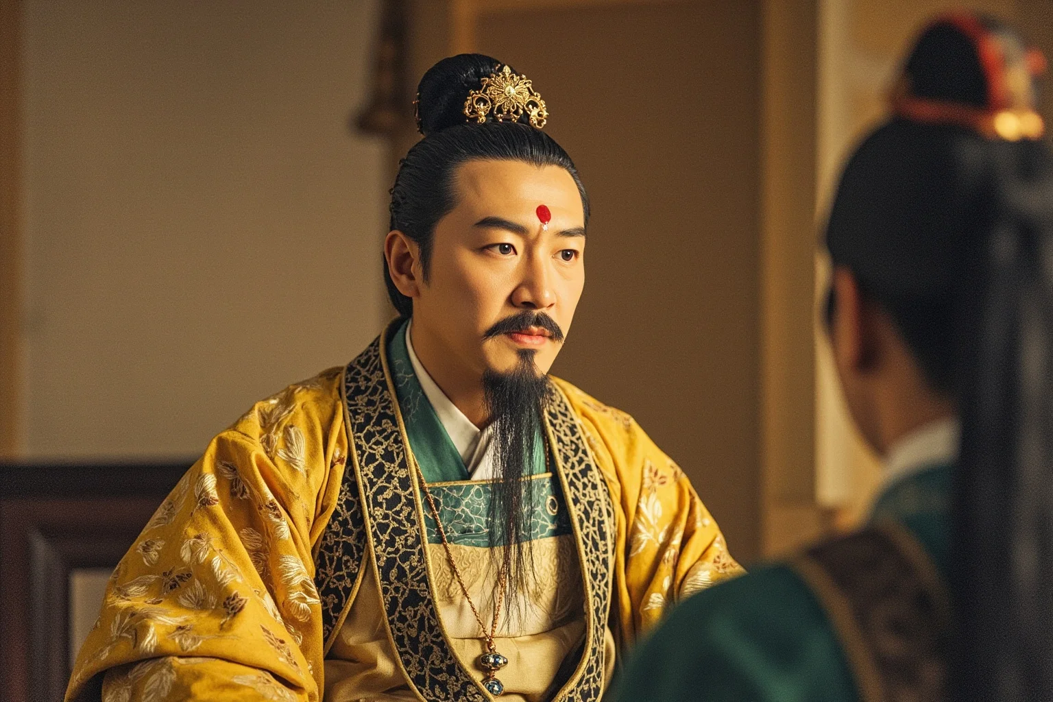 Painting-style image of a Tang emperor listening thoughtfully to an official speaking before him in court
