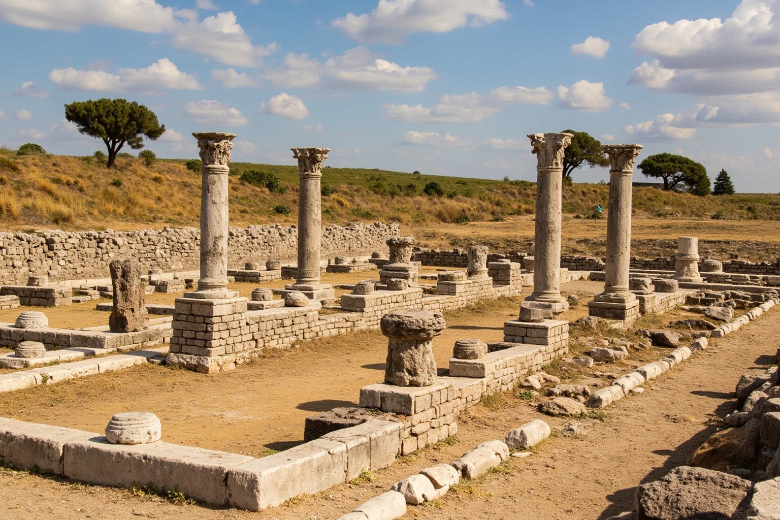 Palace foundation ruins with stone column bases in an open archaeological field