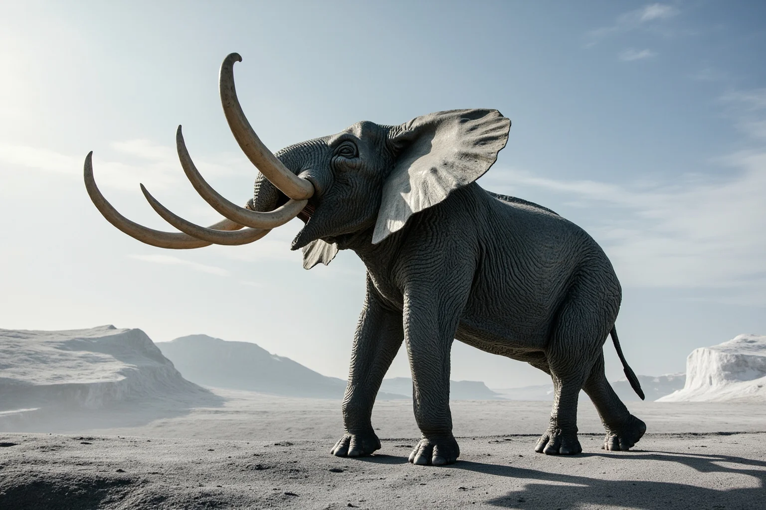 Palaeoloxodon namadicus straight-tusked elephant standing in ice age landscape, showing its towering shoulder height