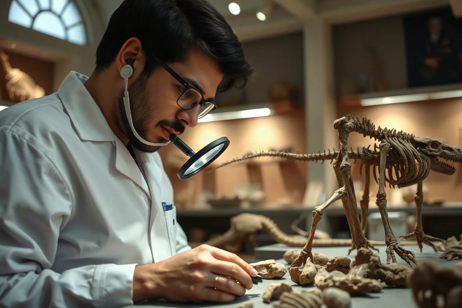 Paleontologist examining reptile fossils in a museum lab, magnifying glass over ancient bones, no dragon skeleton found