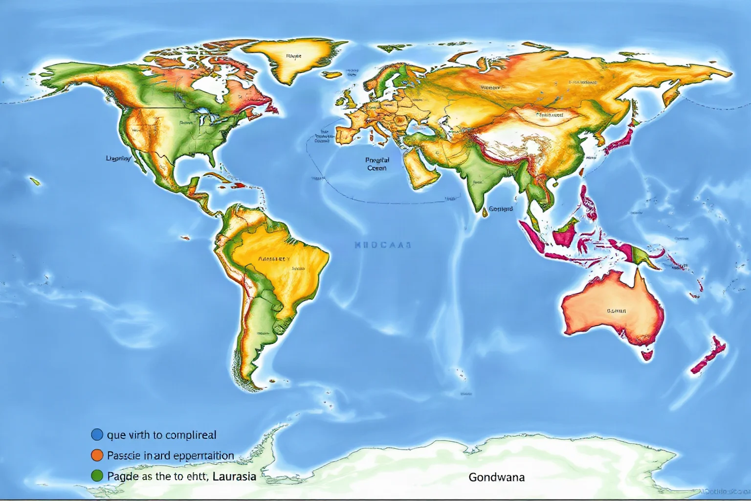A detailed illustrated world map showing the single supercontinent Pangaea surrounded by one vast ocean, labeled with Laurasia and Gondwana regions, in an educational textbook style
