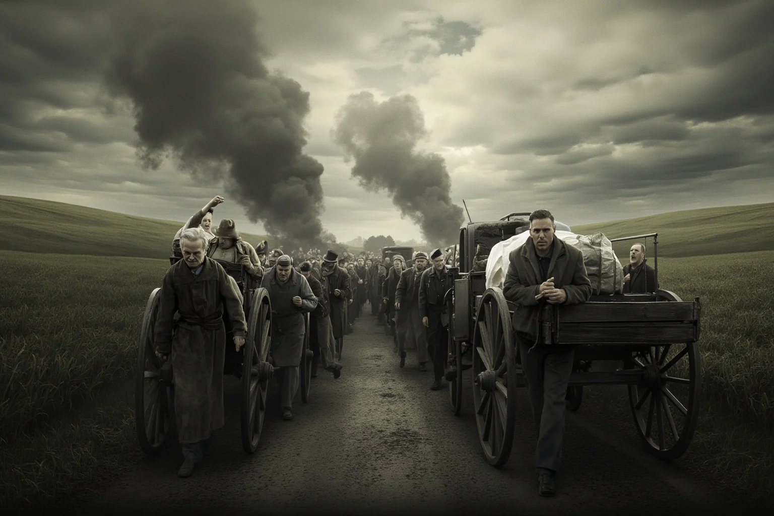 Panicked Victorian-era crowds fleeing along a countryside road with carts and belongings, dramatic overcast sky
