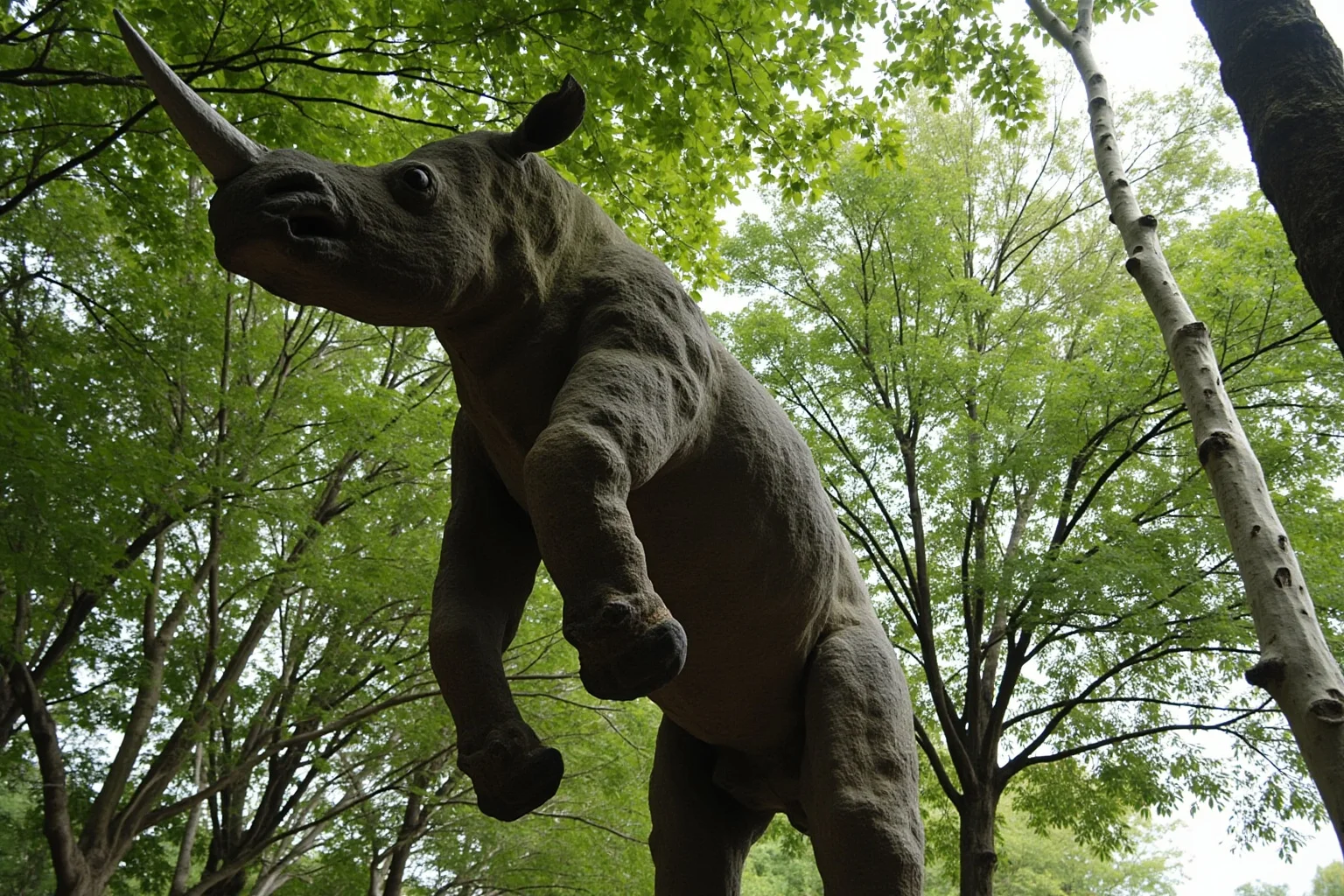 Paraceratherium hornless rhinoceros relative standing on hind legs reaching tall tree leaves, showing its immense height