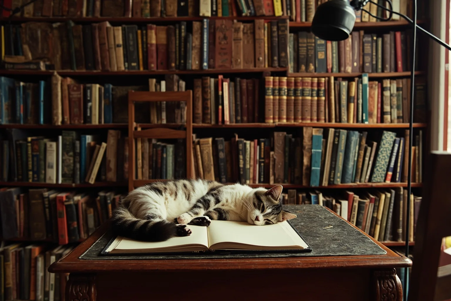Parisian early 20th-century apartment with book-lined shelves and an elegant cat curled on a writing desk