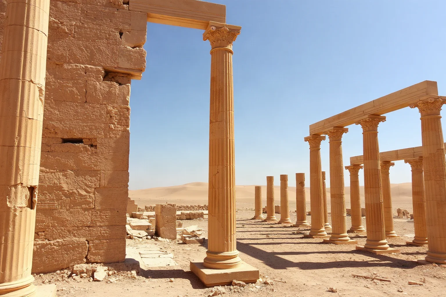 Partially reconstructed ancient columns and arches of Palmyra ruins against Syrian desert with visible modern damage to monuments