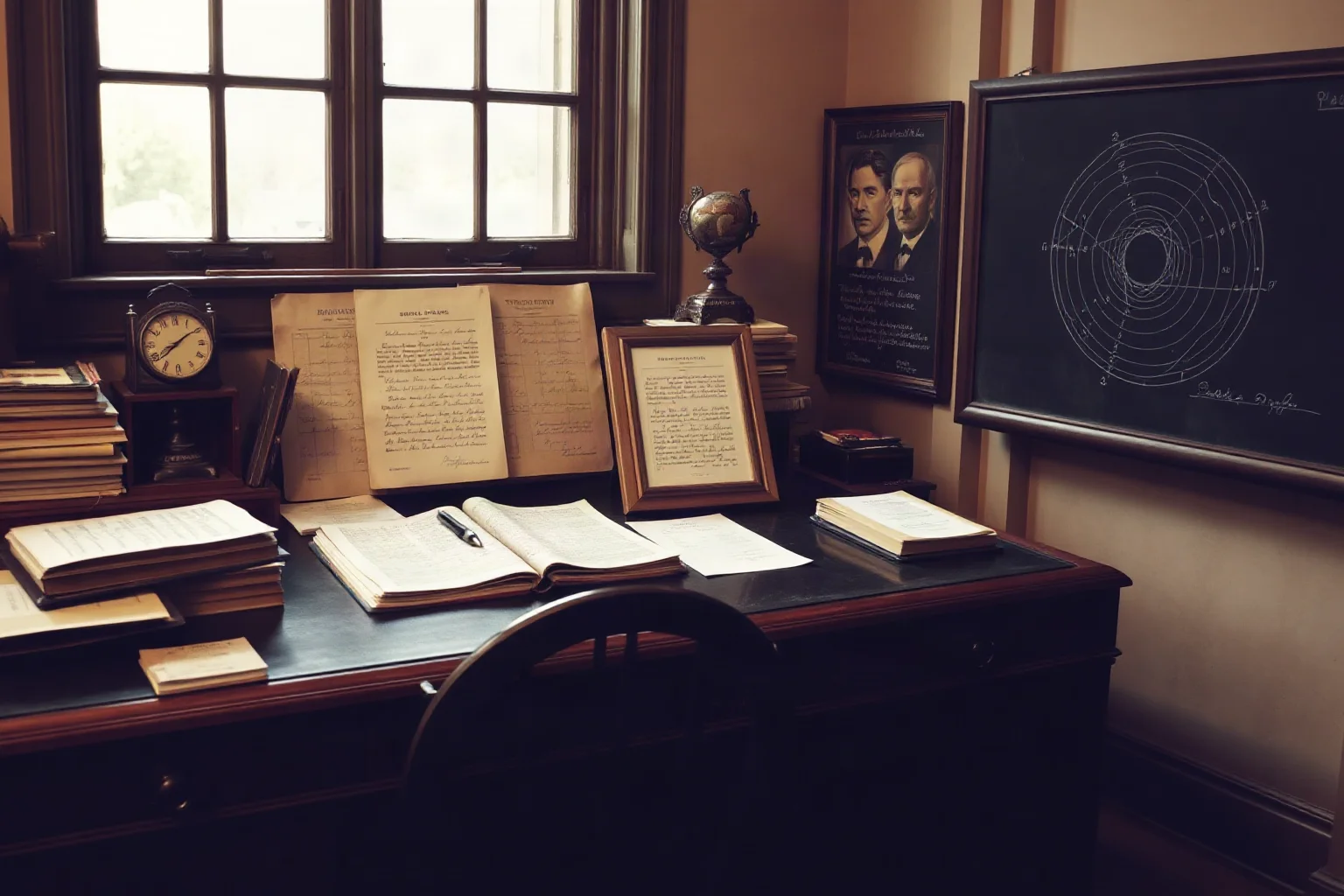 Patent office desk from early 1900s with scientific papers, equations written on chalkboard, and portraits of space-time curvature concepts