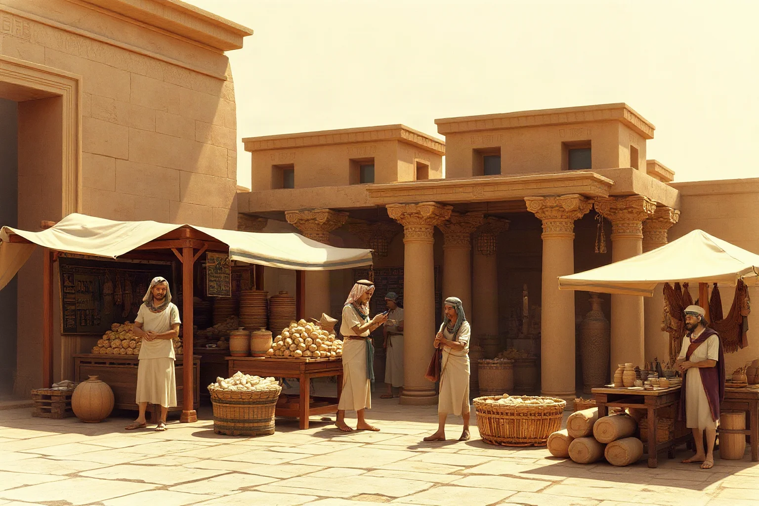 Peaceful ancient Egyptian marketplace scene with traders and goods