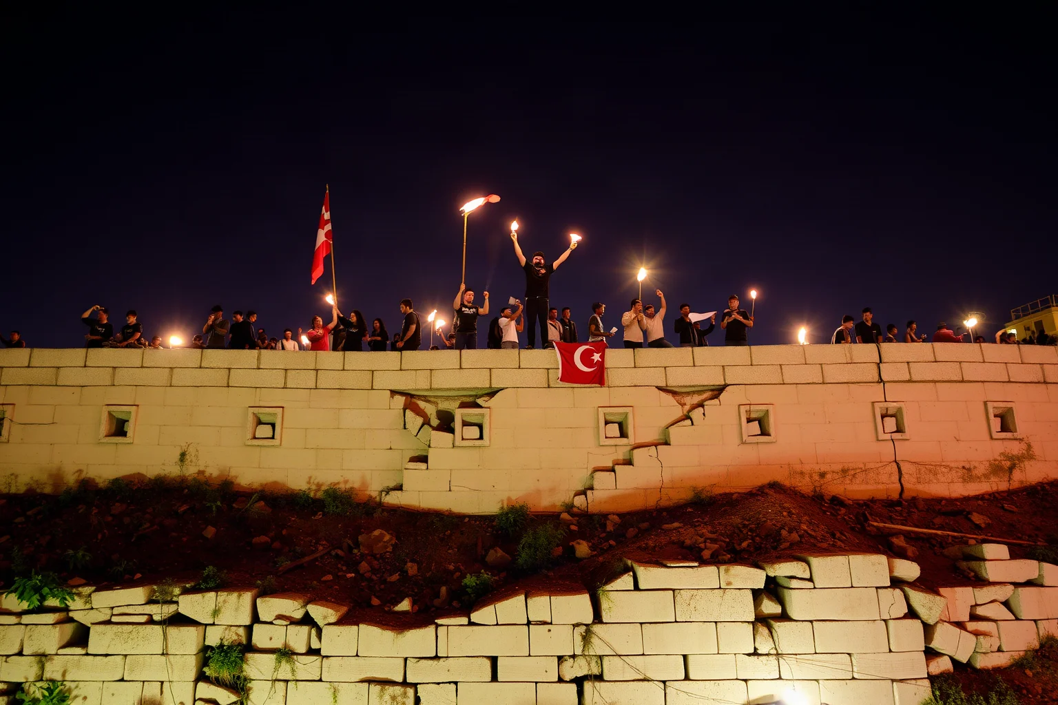 People celebrating atop a crumbling concrete wall at night with torches and flags