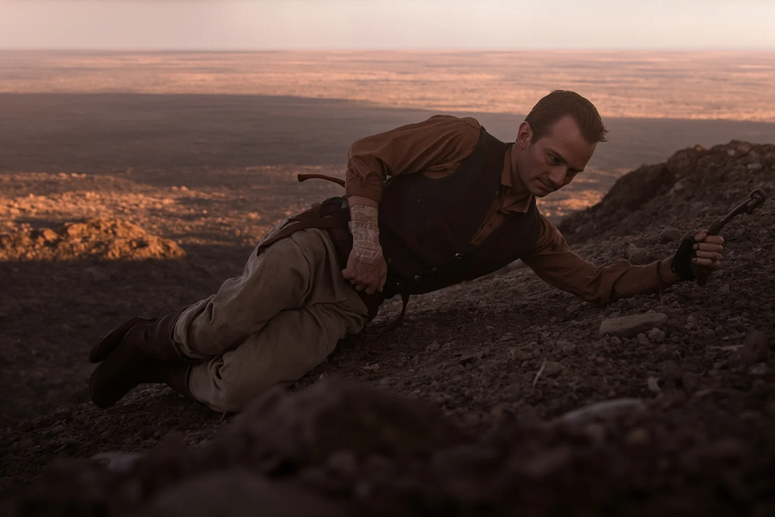 A lone 19th-century frontiersman with bandaged wounds crawling across a rugged Great Plains landscape at dusk