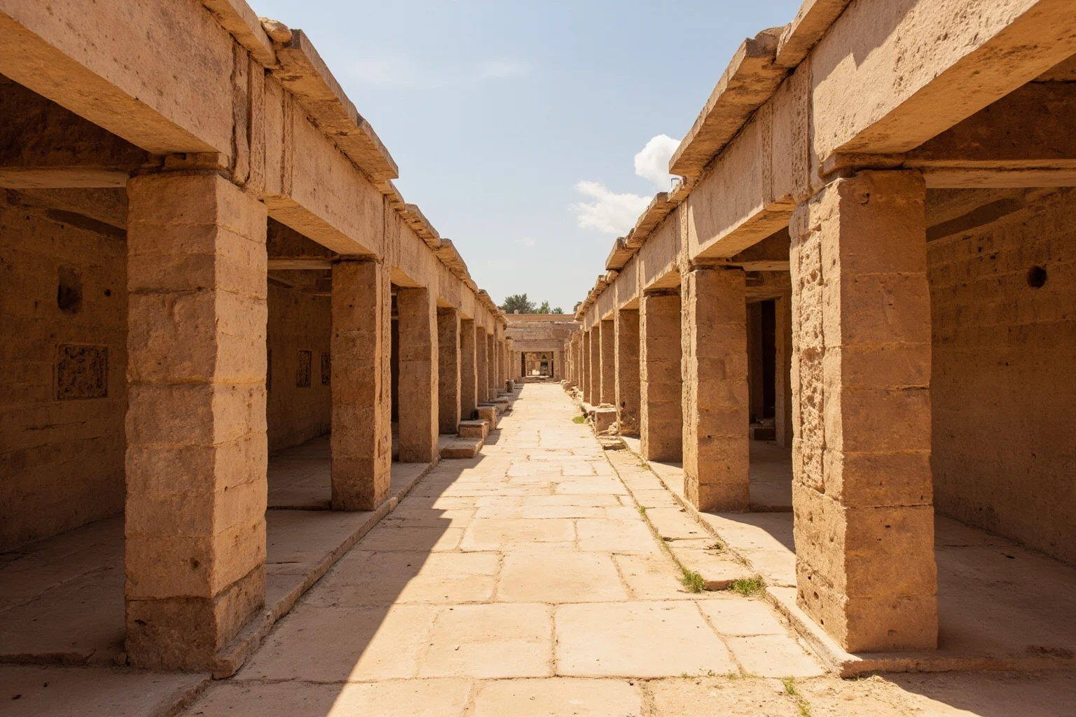 Persian Achaemenid stone palace with carved columns and a long desert royal road stretching into the distance