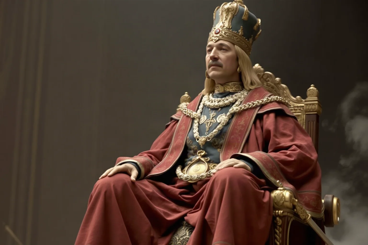 Persian emperor in flowing robes and tall crown seated on an ornate throne