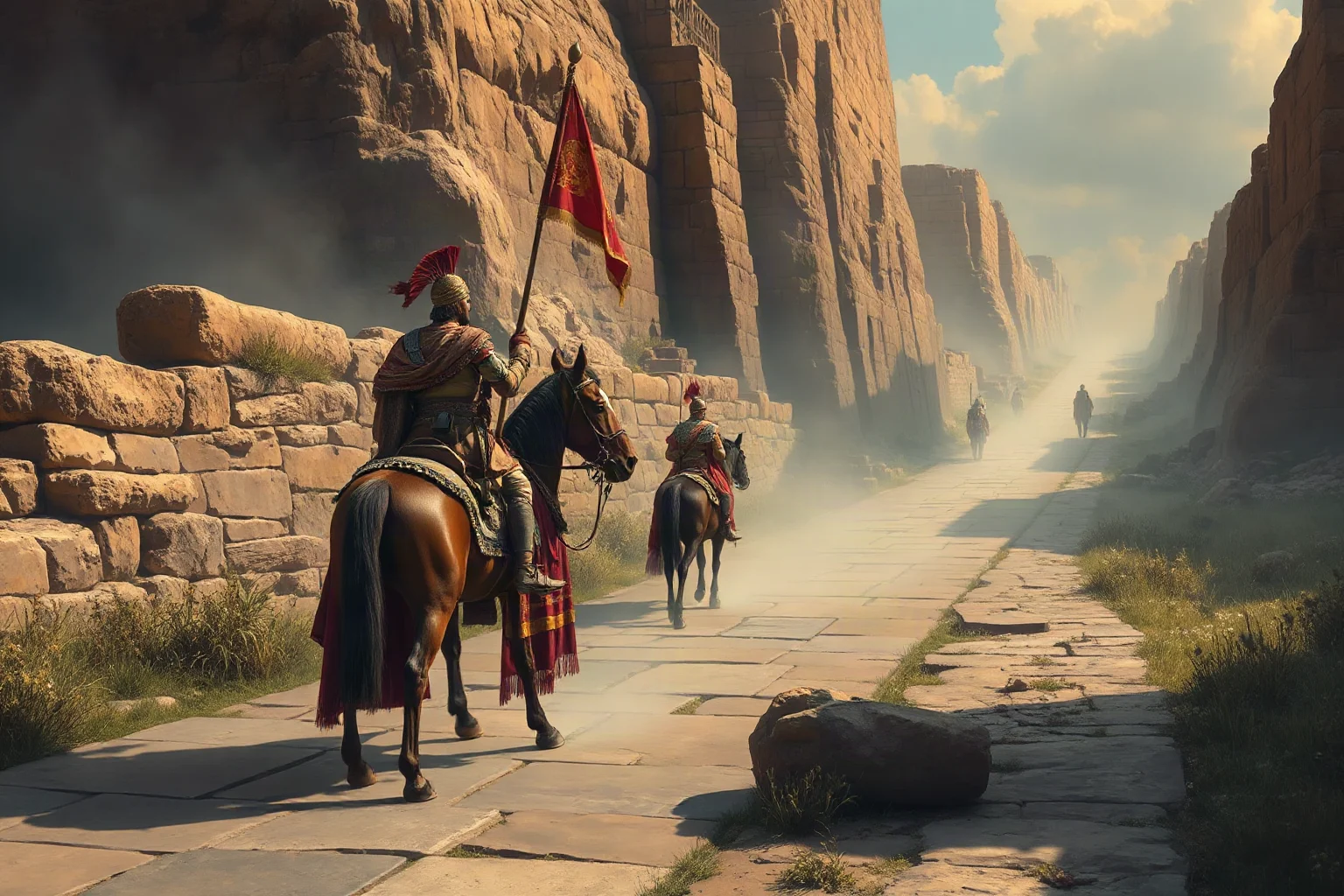 Persian king inspecting a long stone road with mounted messengers riding past