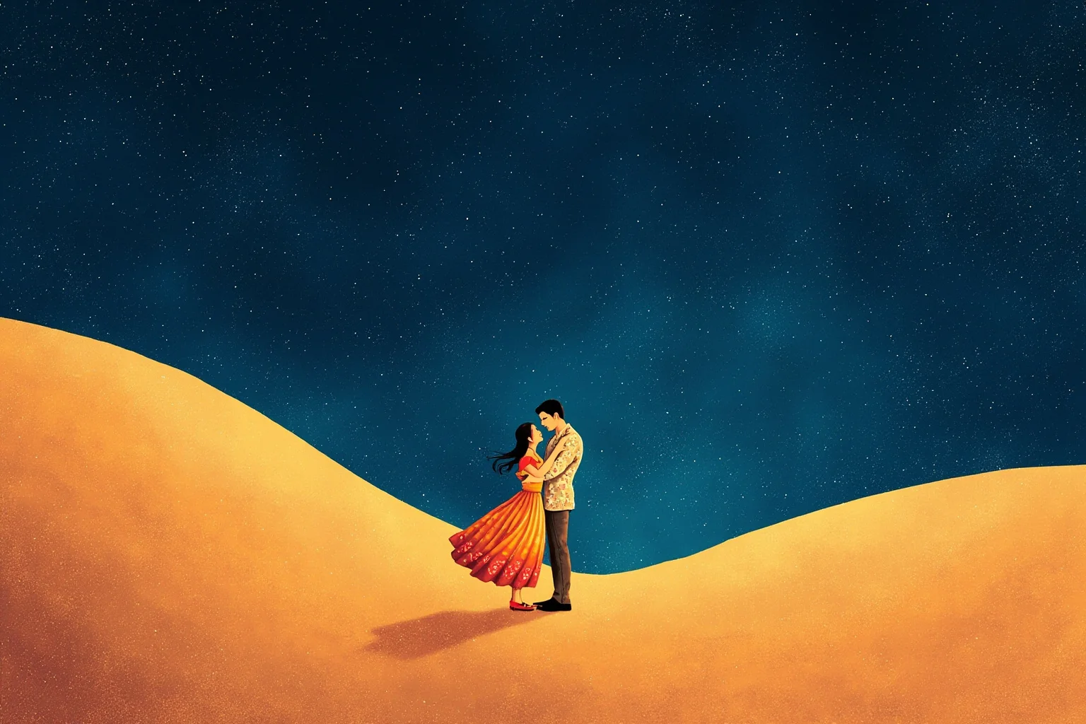 Star-Crossed Lovers: The 22 Greatest Historical Romances Ever 21 Persian miniature-style illustration of two lovers separated by desert dunes under a starry sky