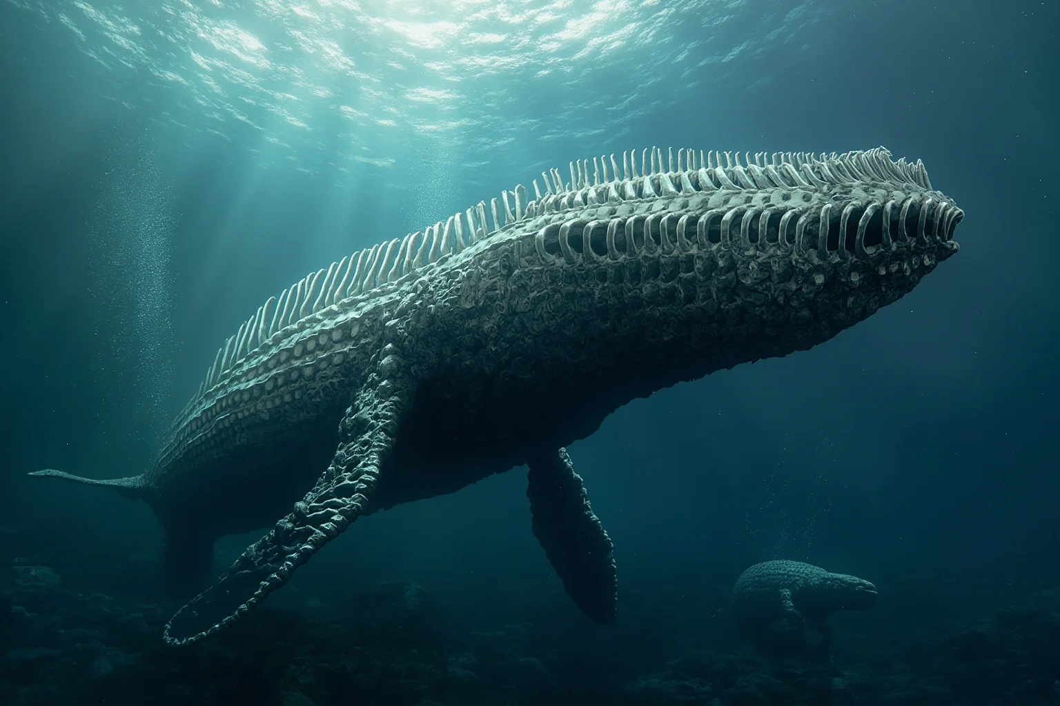 Perucetus colossus prehistoric whale with dense heavy bones, swimming in ancient ocean