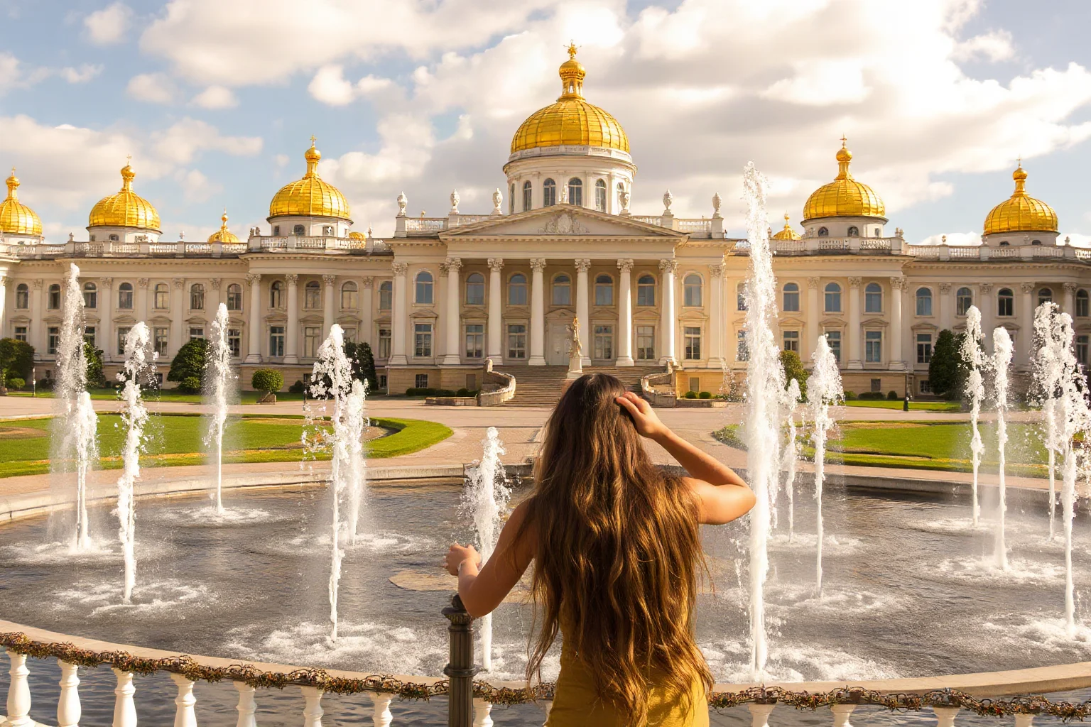 Peterhof Palace along the Gulf of Finland with its gravity-powered fountains and golden domed roofs