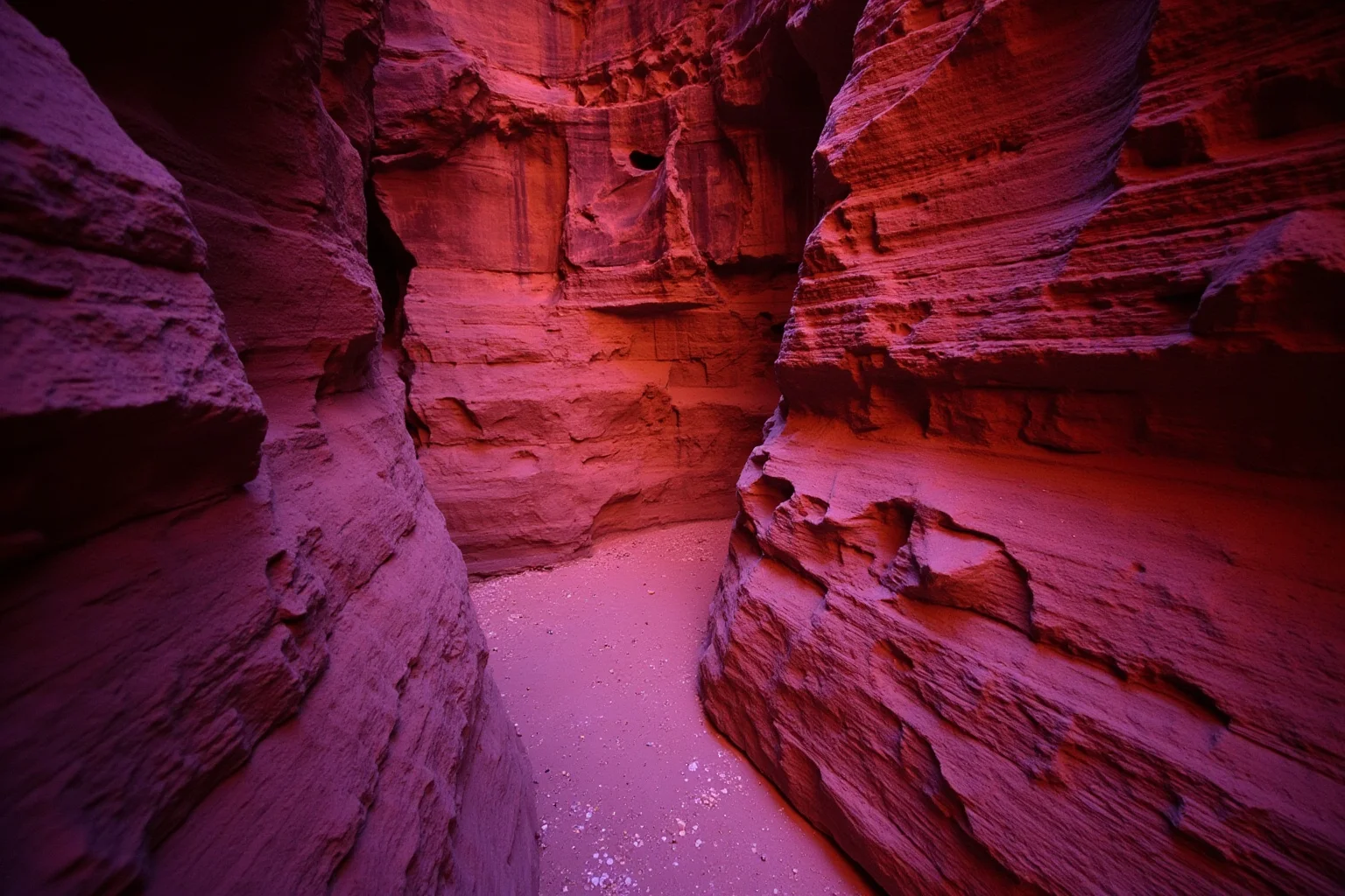 Petra's rock-cut Treasury facade glowing pink in a narrow desert canyon