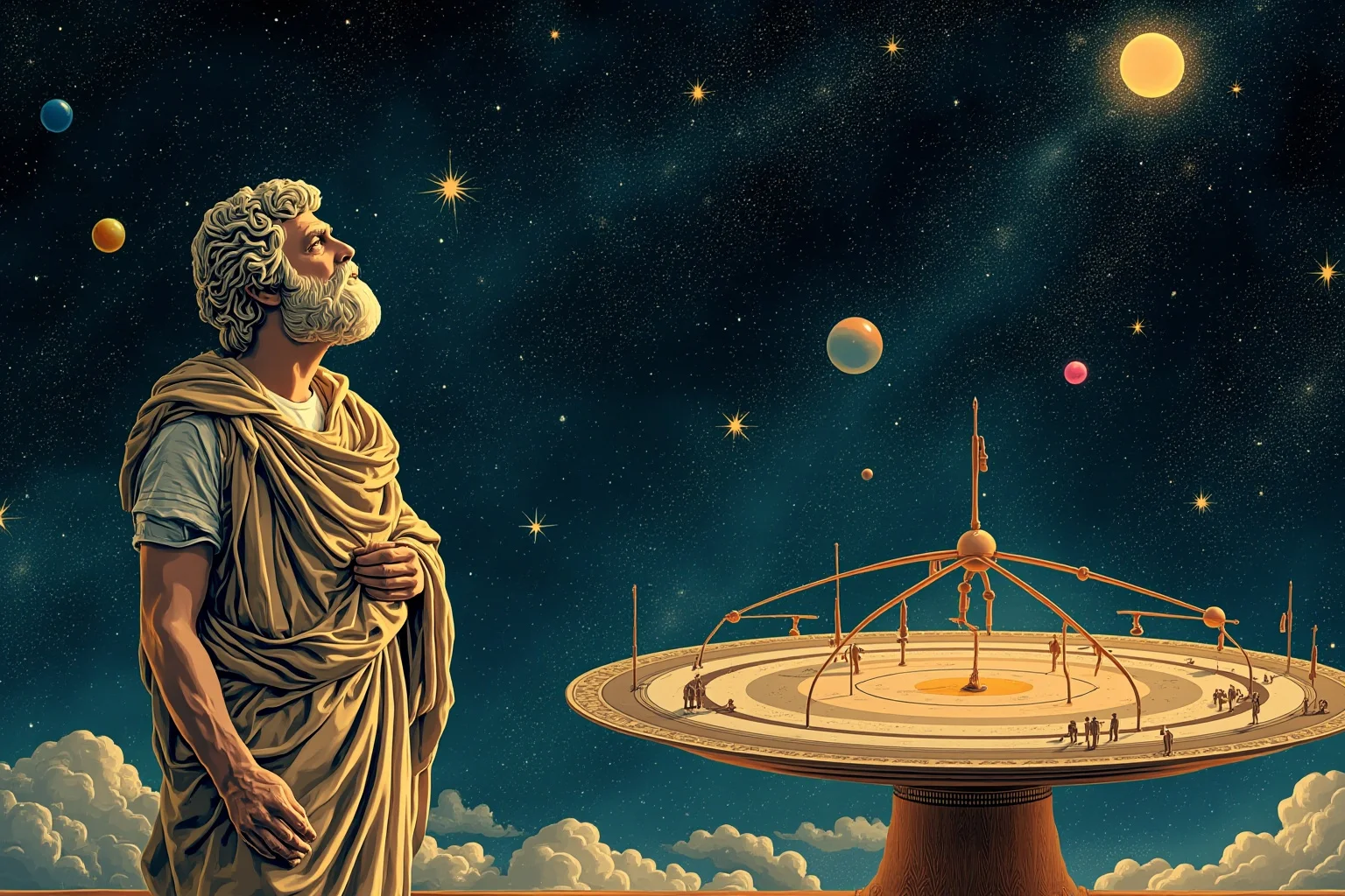 Philosophers Everyone's Heard Of, and 20 Everyone Forgot About 2 An ancient Greek philosopher in simple robes gazing up at a starry night sky beside a scale model of the cosmos, illustration style