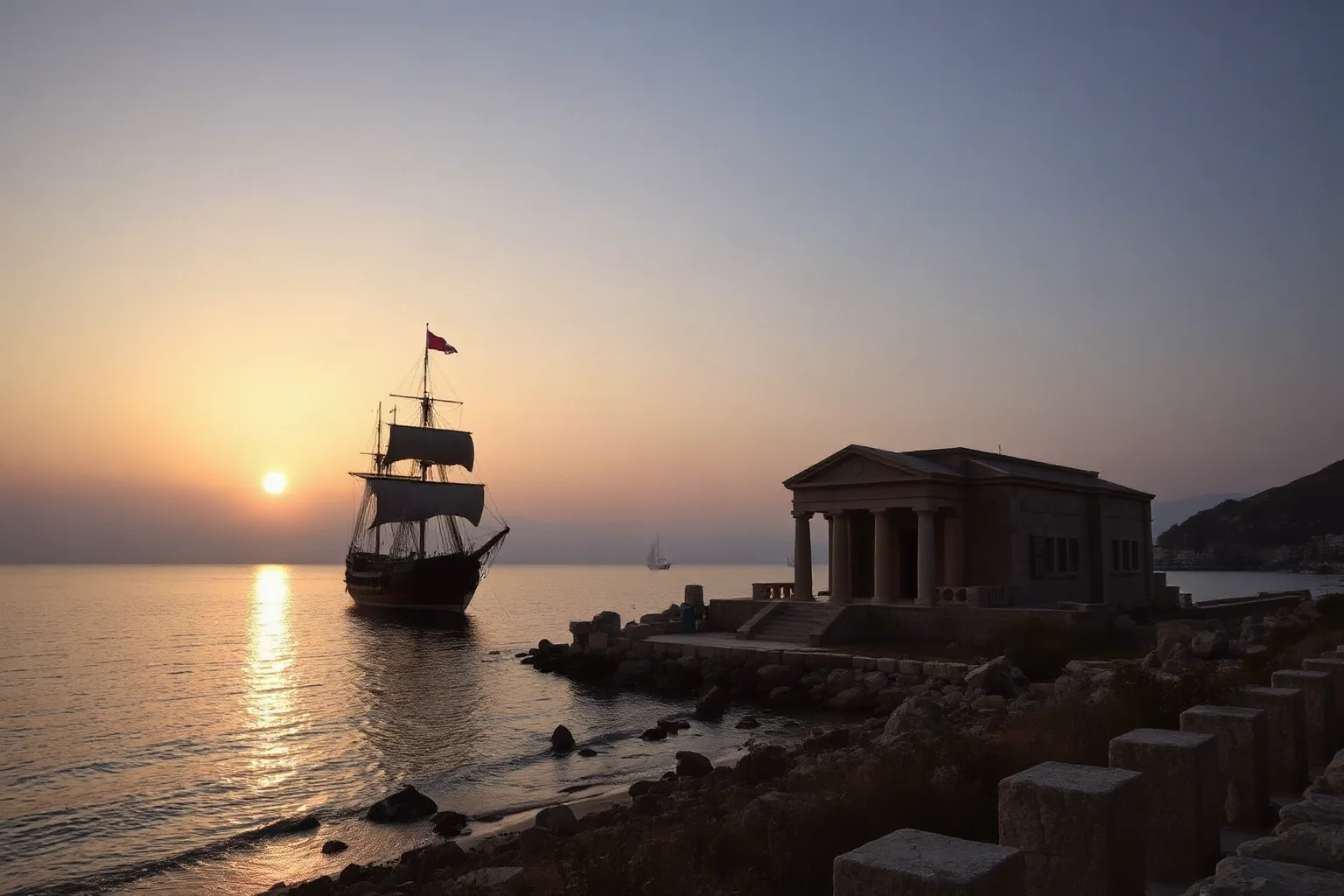 Phoenician ship and temple dedicated to Baal Hammon on a Mediterranean coastline at dusk