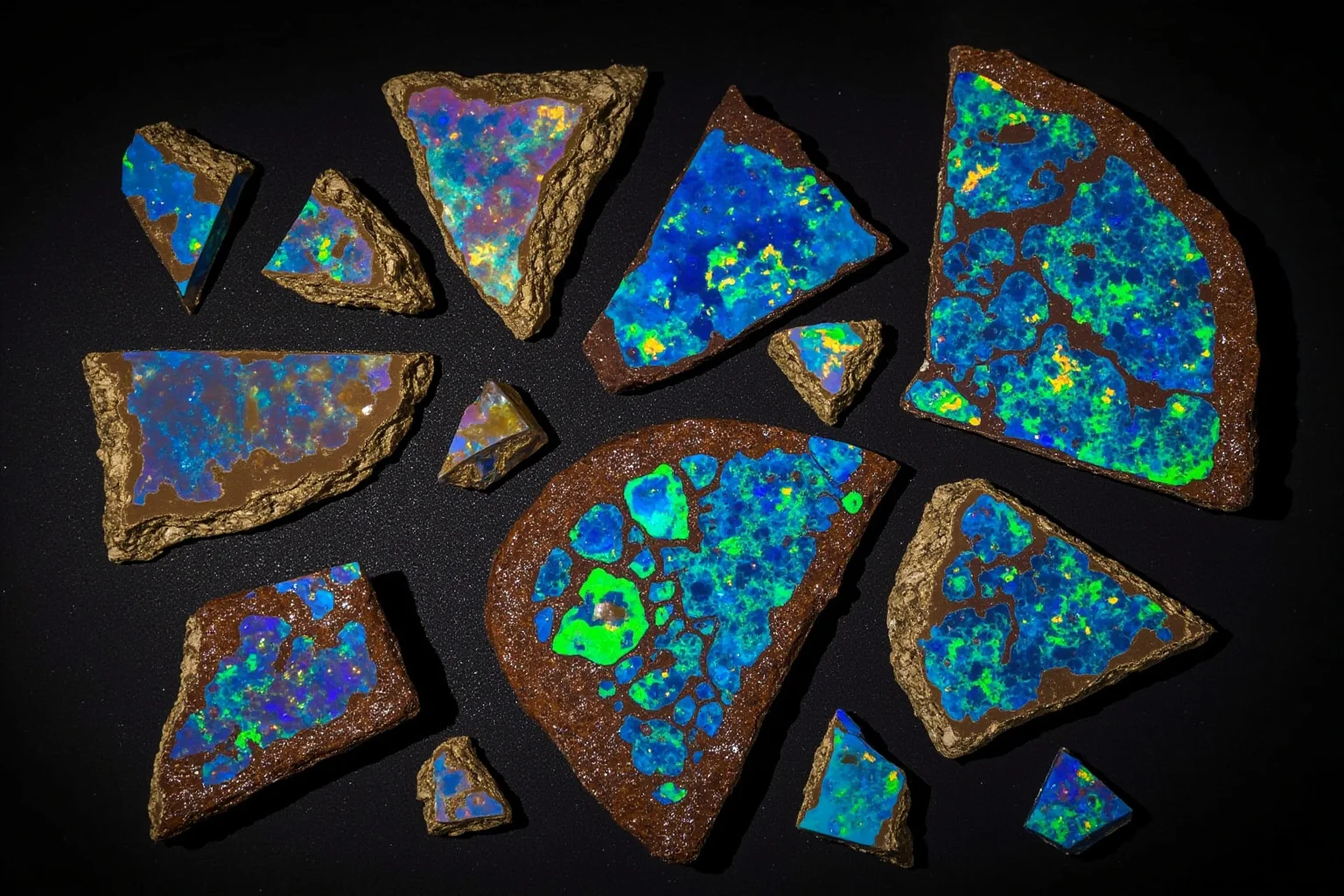 Photo-style illustration of opalized dinosaur bone fragments glinting with color, representing mysterious Australian opal fossils